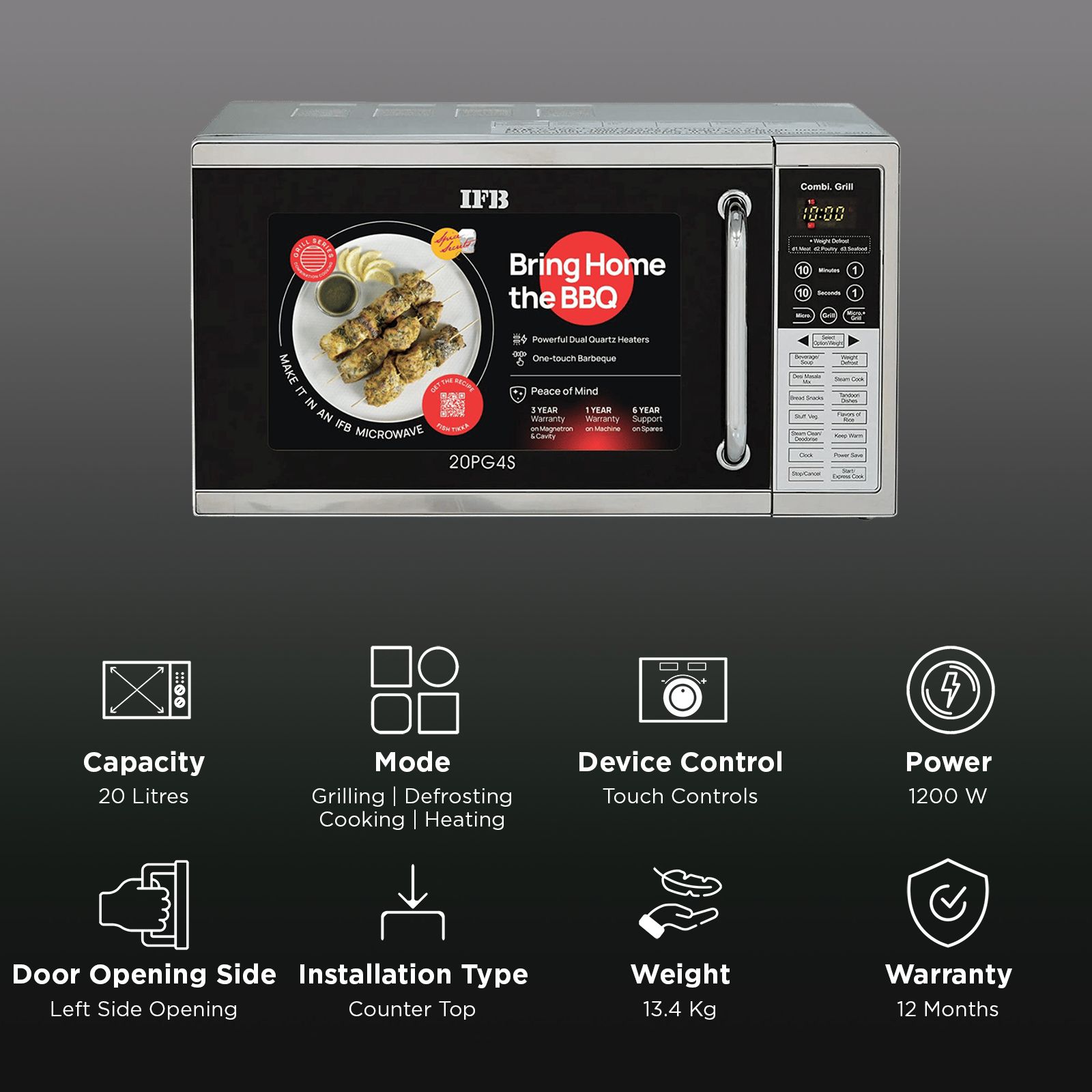 IFB 20L Grill Microwave Oven with 61 Autocook Menus (20PG4S, Metallic Silver)_2