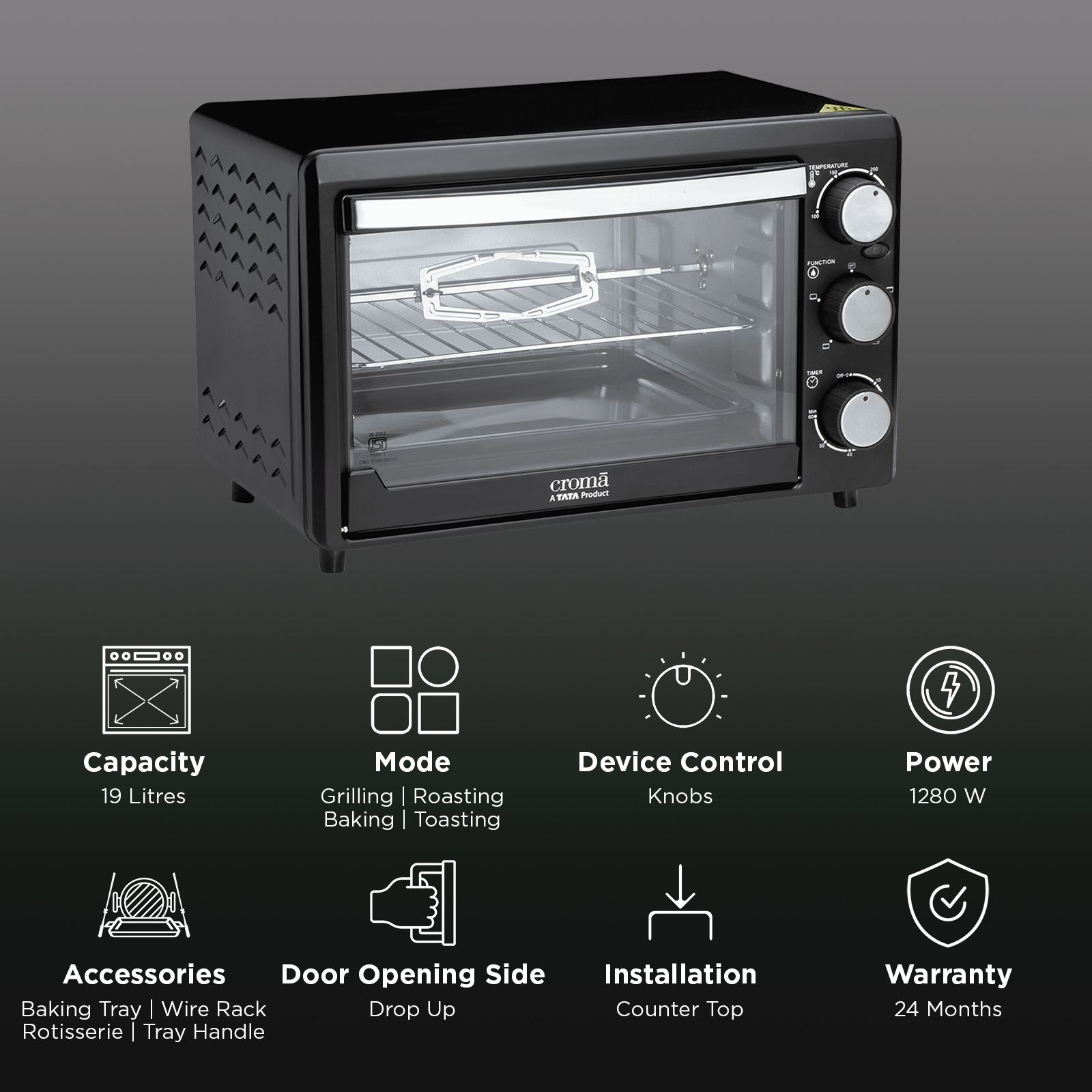 Croma 19L Oven Toaster Grill with Rotisserie (Black) Croma 19L Oven Toaster Grill with Rotisserie (Black)_3