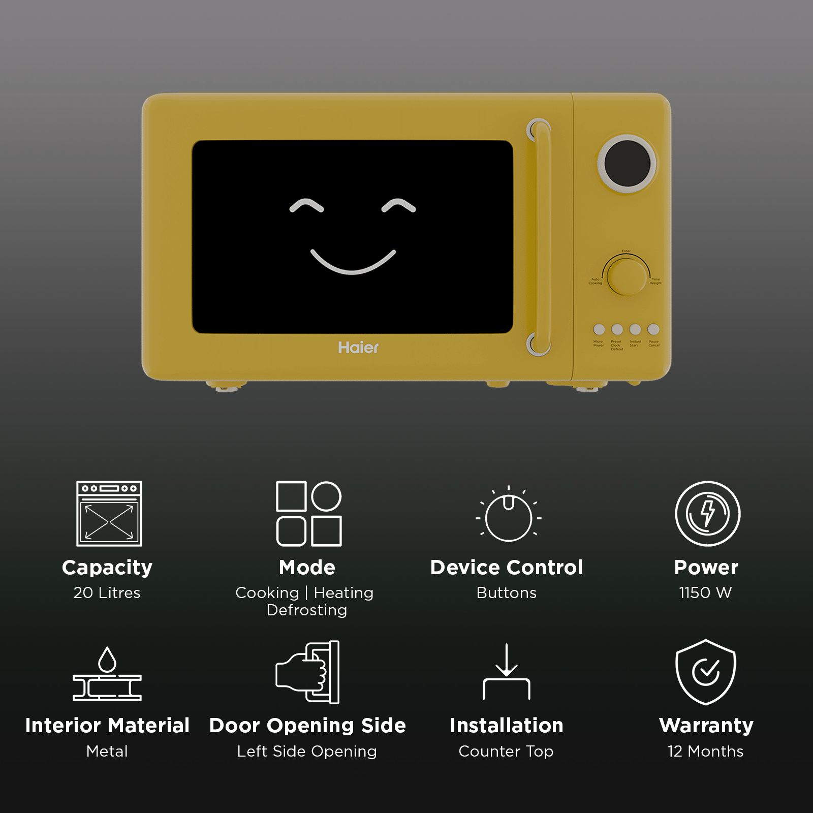 Haier Vogue 20L Solo Microwave Oven with 12 Autocook Menus (HIL20V1MYPD, Yellow) Haier Vogue 20L Solo Microwave Oven with 12 Autocook Menus (HIL20V1MYPD, Yellow)_3