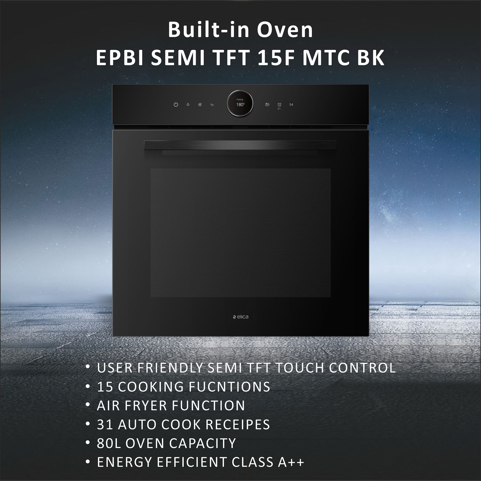 elica EPBI SEMI TFT 15F MTC 80L Built-in Oven with 31 Air Fry Menu (3944, Black) elica EPBI SEMI TFT 15F MTC 80L Built-in Oven with 31 Air Fry Menu (3944, Black)_5