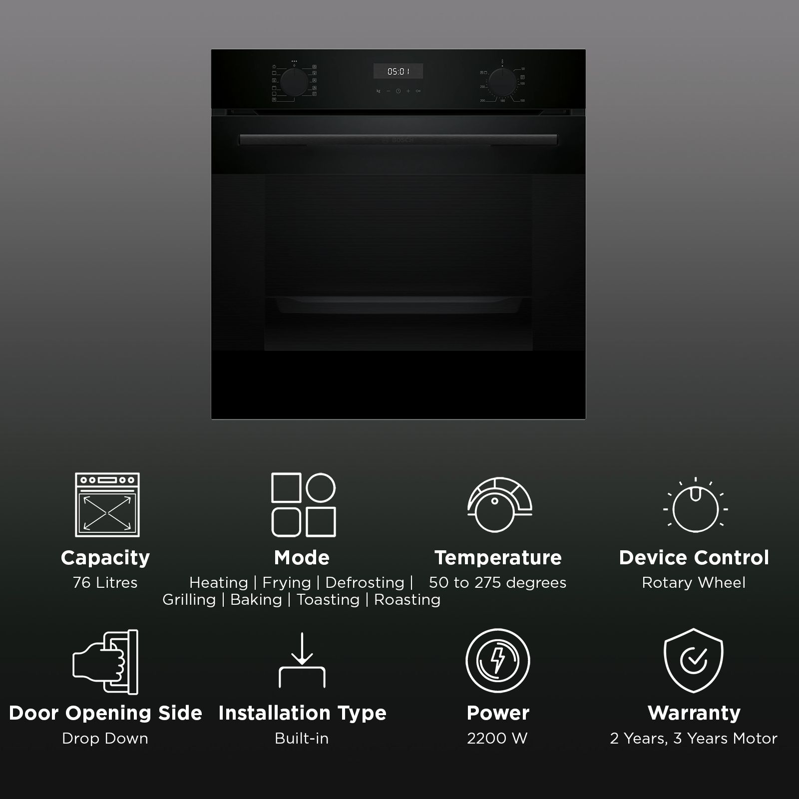 Bosch Series 4 76L 60cm Built-in Oven with Hot Air Safety Fan (HUA717BA0I, Black) Bosch Series 4 76L 60cm Built-in Oven with Hot Air Safety Fan (HUA717BA0I, Black)_3
