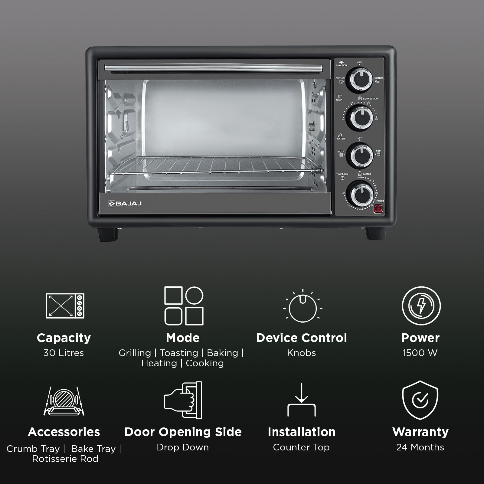 BAJAJ 3000 TM 30L Oven Toaster Grill with Motorized Rotisserie (Black) BAJAJ 3000 TM 30L Oven Toaster Grill with Motorized Rotisserie (Black)_3