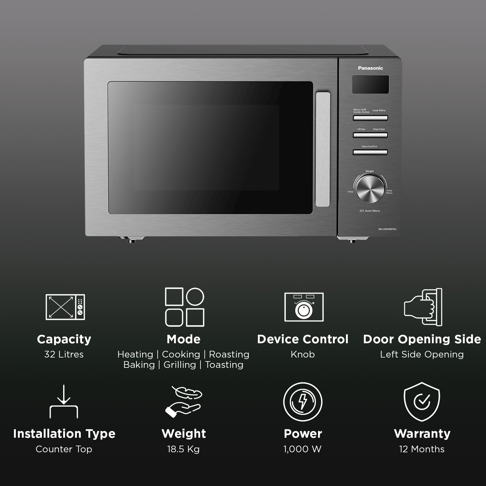 Panasonic 32L Convection Microwave with 251 Autocook Menus (NN-CD85RBFDG, Steel Grey)_3
