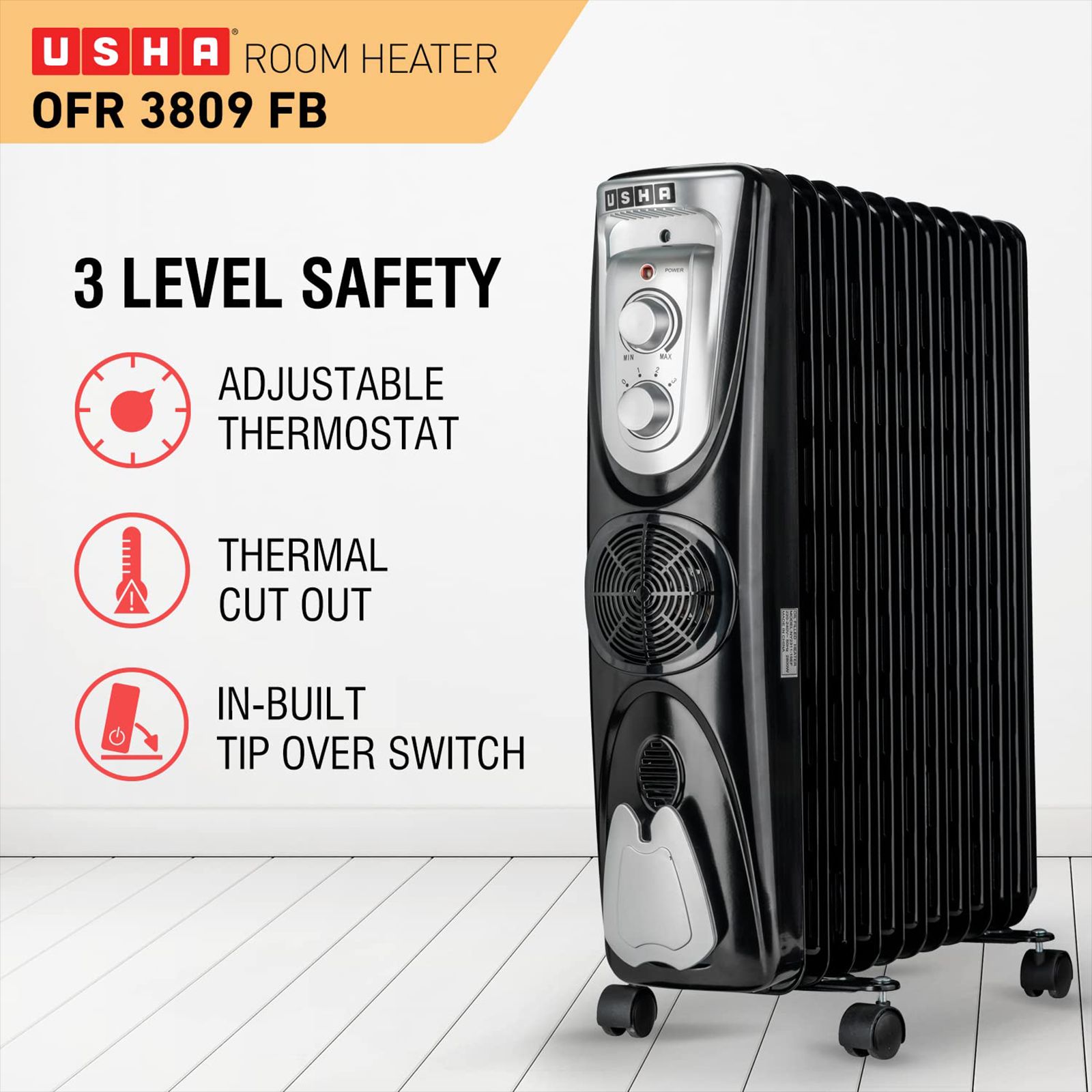 USHA 3809 F 2000W PTC Oil Filled Radiator Room Heater with 9 Fins (Adjustable Thermostat USHA 3809 F 2000W PTC Oil Filled Radiator Room Heater with 9 Fins (Adjustable Thermostat_7
