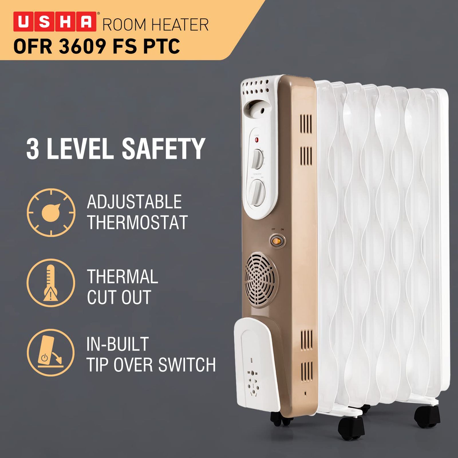 USHA 3609 FS 2000W PTC Oil Filled Radiator Room Heater with Rust Protection (Adjustable Thermostat_6