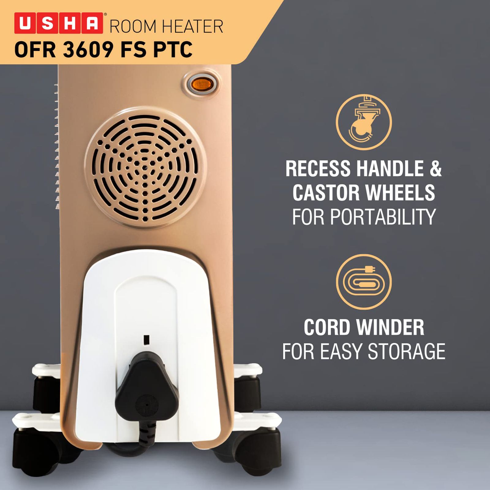 USHA 3609 FS 2000W PTC Oil Filled Radiator Room Heater with Rust Protection (Adjustable Thermostat_7