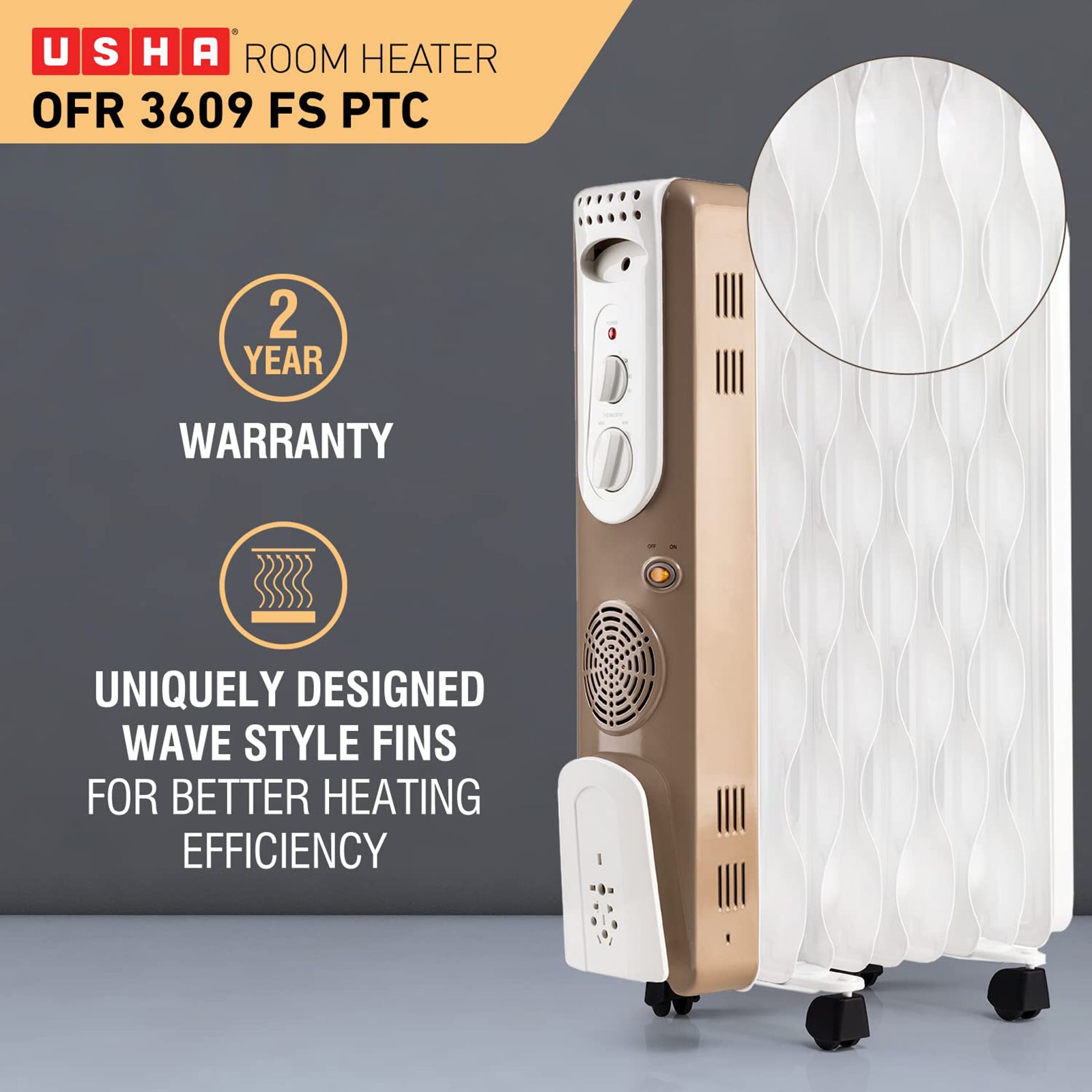 USHA 3609 FS 2000W PTC Oil Filled Radiator Room Heater with Rust Protection (Adjustable Thermostat_8