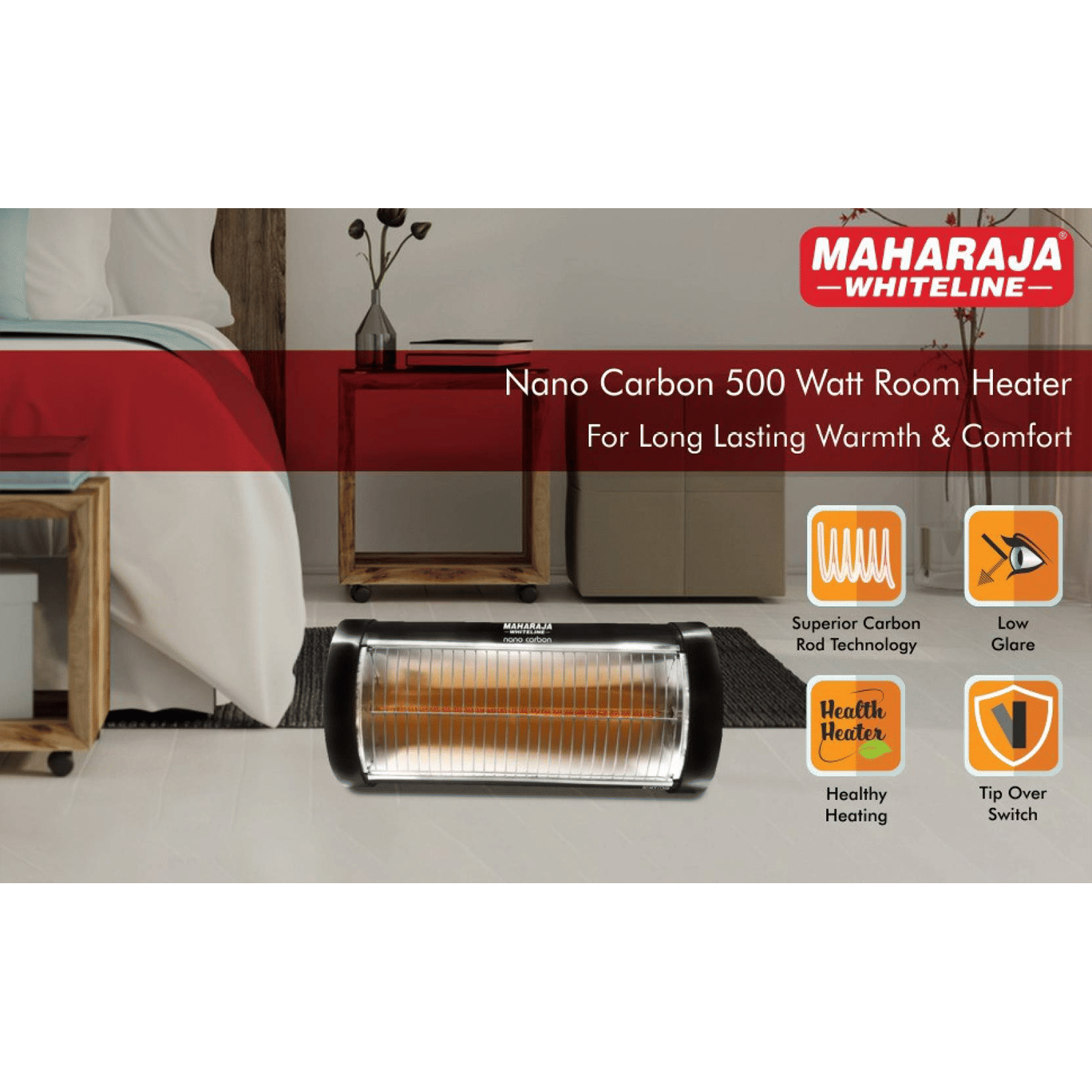 MAHARAJA WHITELINE Nano Carbon 500 Watts Carbon Room Heater (Low Glare Technology, Black)_3