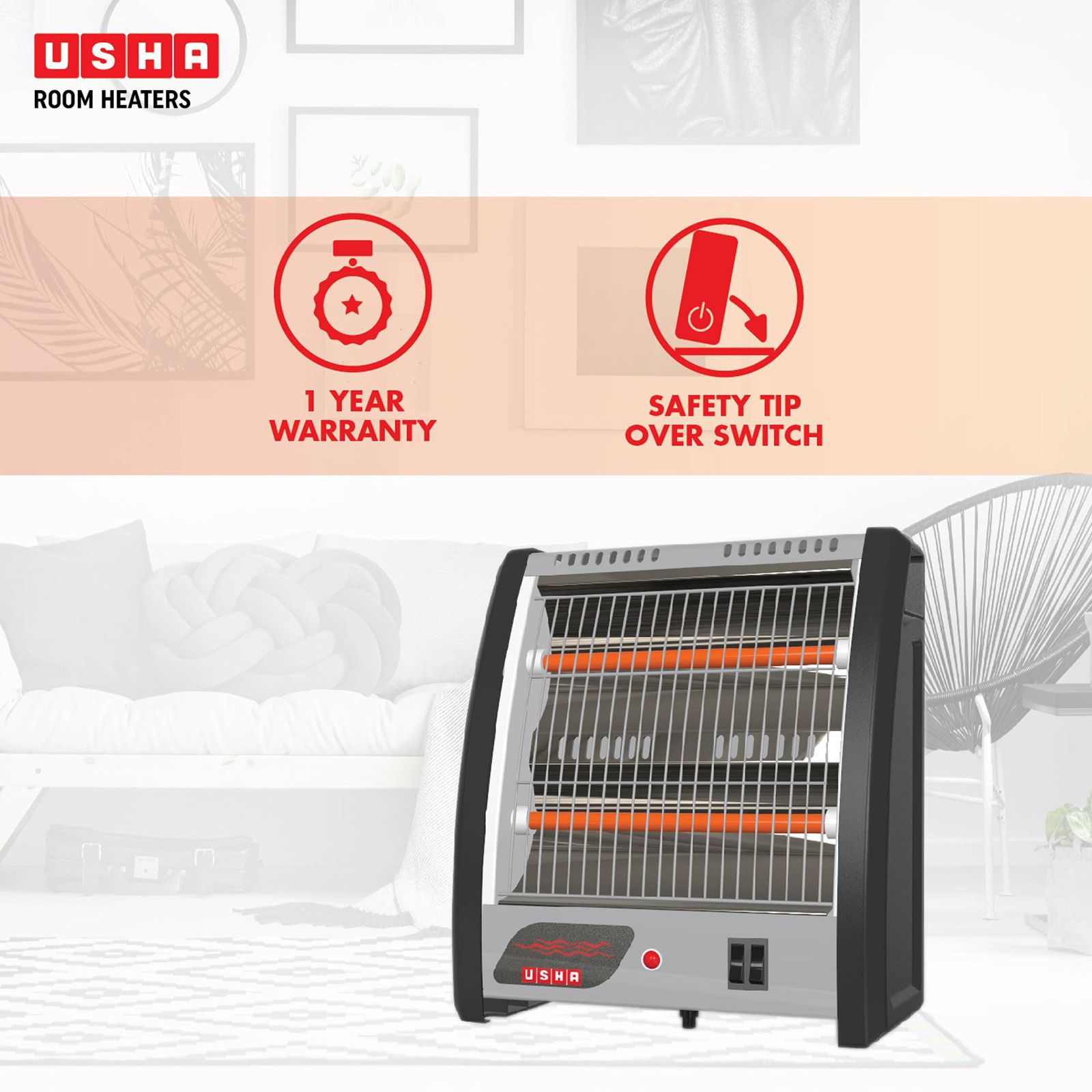 USHA QH 4302N 800W Quartz Room Heater with Low Power Consumption (Tip Over Safety Switch_7