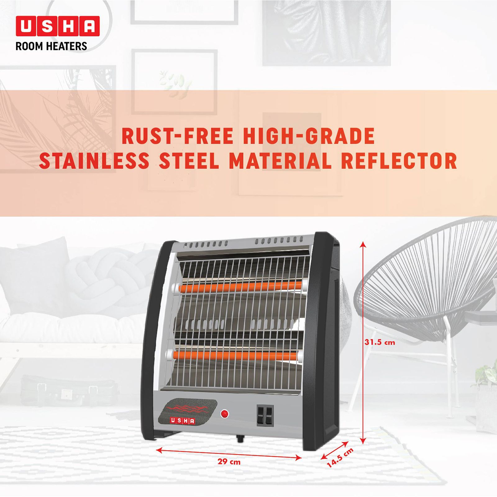 USHA QH 4302N 800W Quartz Room Heater with Low Power Consumption (Tip Over Safety Switch_8