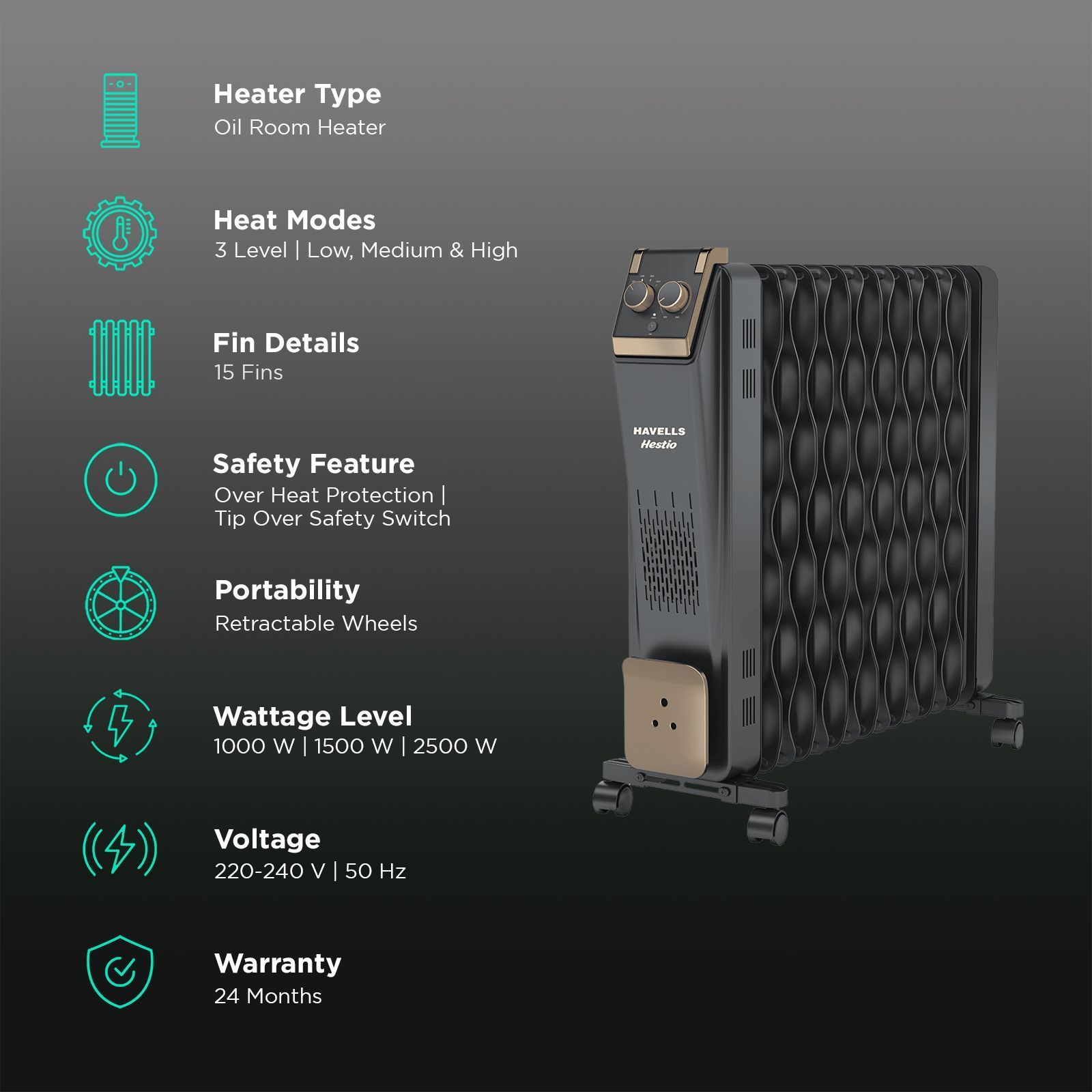 HAVELLS Hestio 2900W PTC Oil Filled Radiator Room Heater with 15 Wave Fins (Thermostatic Heat Control_3