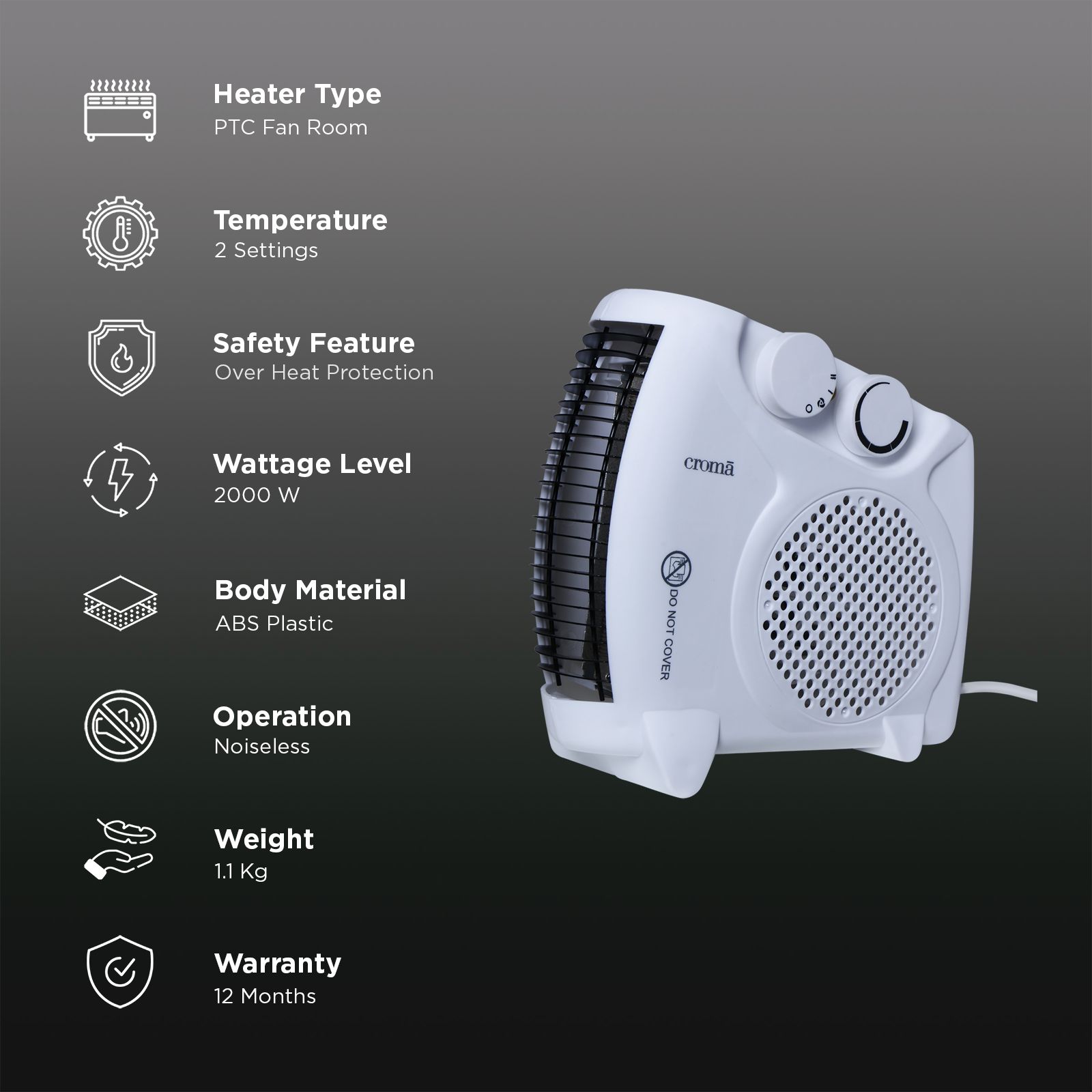 Croma 2000W Fan Room Heater with Adjustable Thermostat (Fast Heating, White) Croma 2000W Fan Room Heater with Adjustable Thermostat (Fast Heating, White)_3