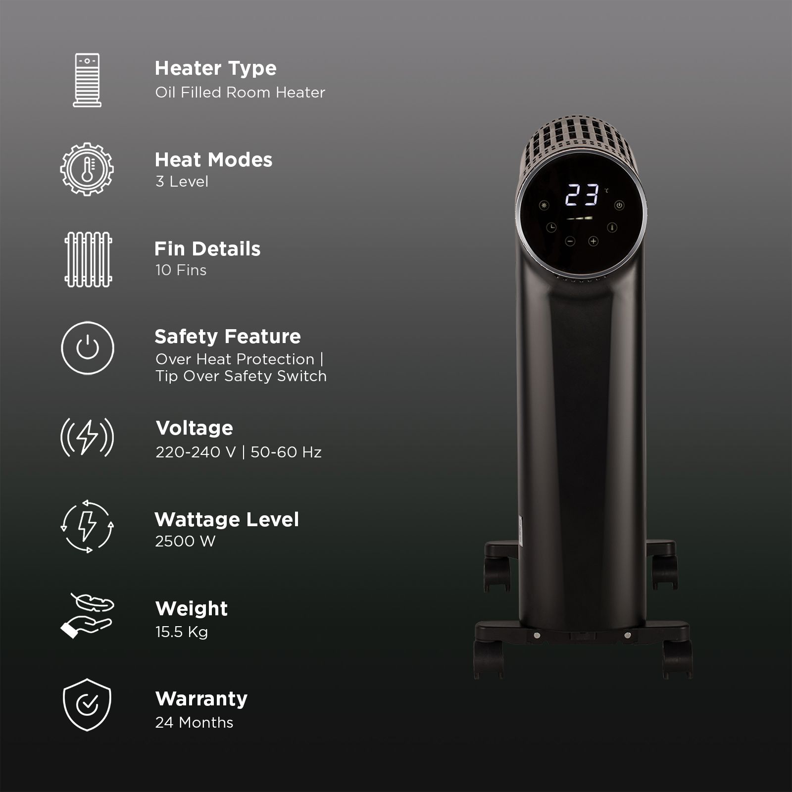Russell Hobbs HeatIQ 2500W Digital Oil Filled Radiator Room Heater with 10 Fins Enclosed Design (LED Touch Screen & Remote Control , Black)_3
