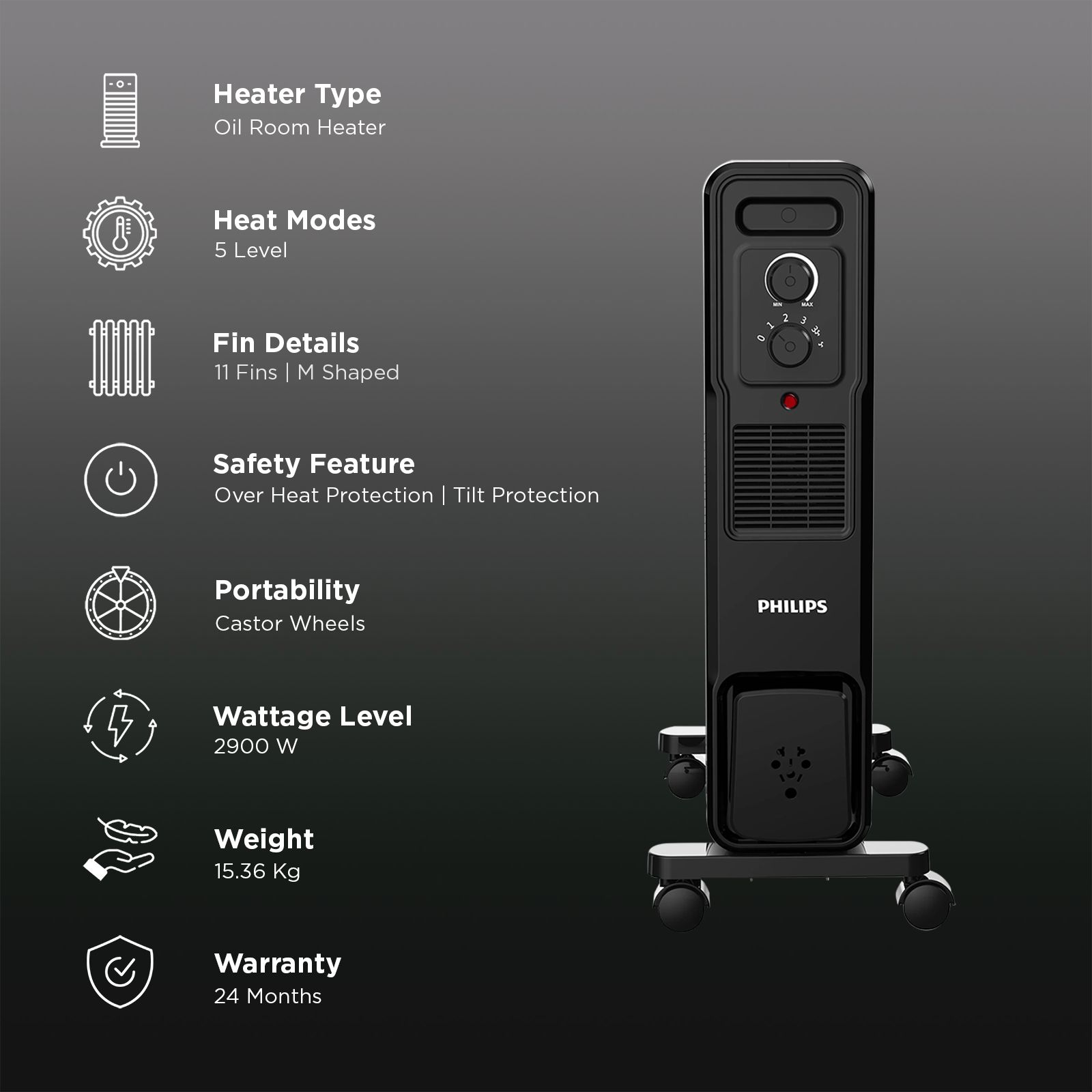 Philips CX301101 2900W Oil Filled Radiator Room Heater with Adjustable Thermostat (Tilt Protection, Black)_3