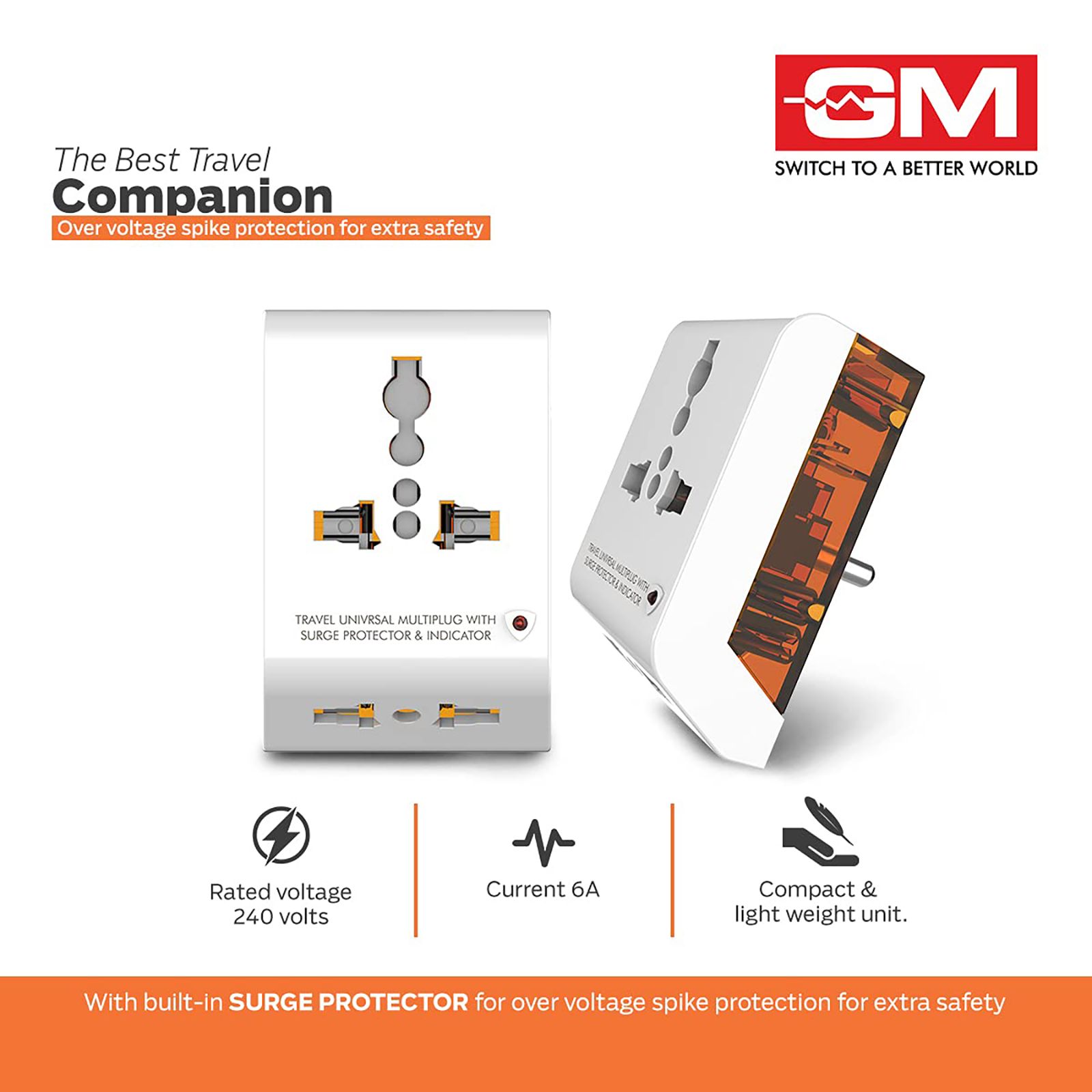 GM 2 Pin Multi Plug Adaptor (With Surge Protector, 3011, White) GM 2 Pin Multi Plug Adaptor (With Surge Protector, 3011, White)_3