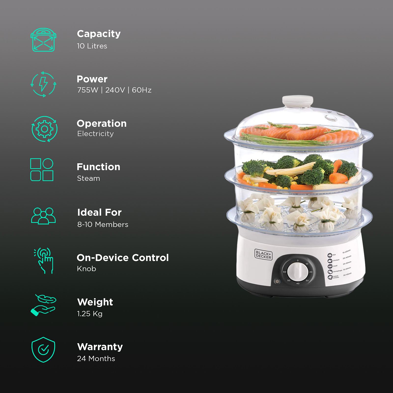 BLACK+DECKER BXFS7751IN 10 Litre Electric 3 Tier Food Steamer with Stackable Steaming Bowls (White)_3