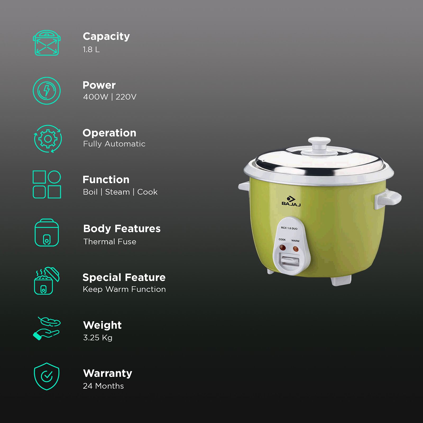 BAJAJ RCX Duo 1.8 Litre Electric Rice Cooker (Lime Green)_2