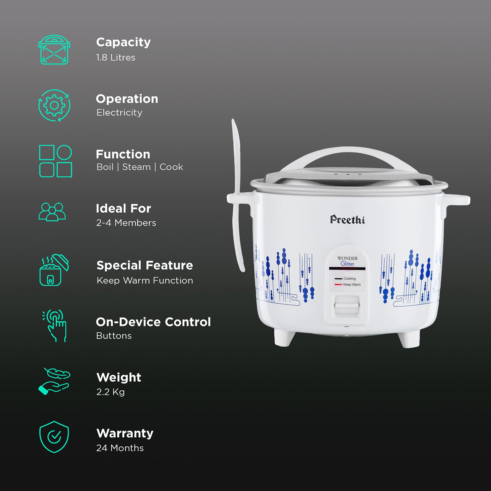Preethi Glitter 1.8 Litre Electric Rice Cooker with Keep Warm Function (White) Preethi Glitter 1.8 Litre Electric Rice Cooker with Keep Warm Function (White)_3