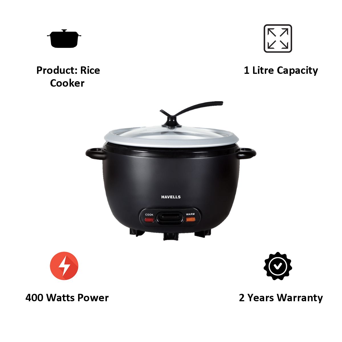 Havells X Press 1 Litre 400 Watt Rice Cooker (GHCRCCXK040, Black)_3