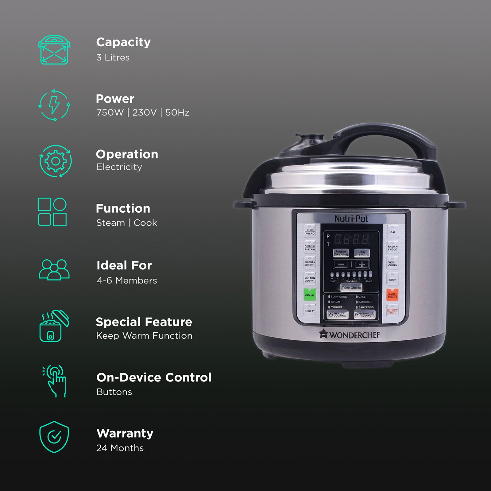 WONDERCHEF Nutri-Pot 3 Litre Electric Pressure Cooker with One Touch Operation (Silver) WONDERCHEF Nutri-Pot 3 Litre Electric Pressure Cooker with One Touch Operation (Silver)_3