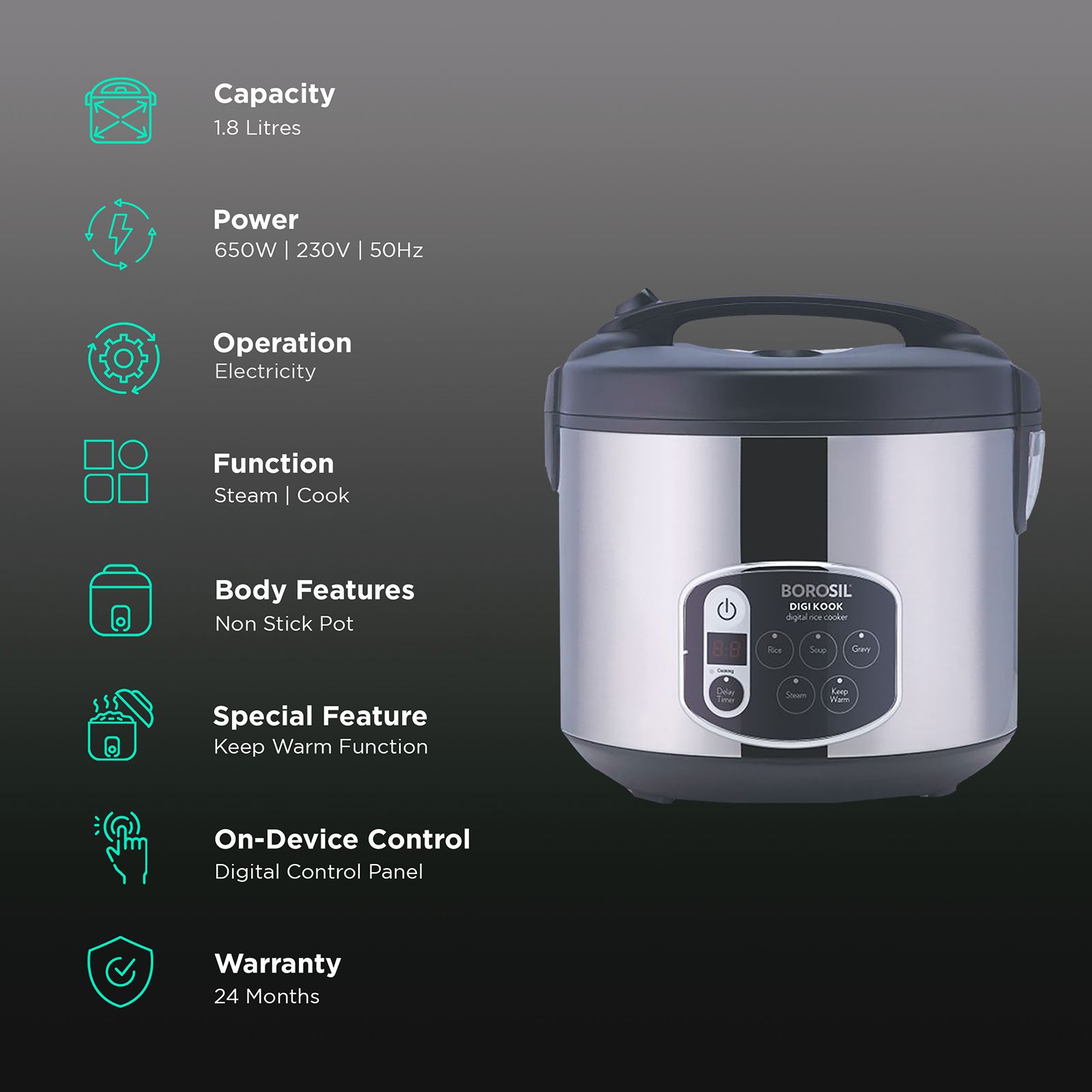 BOROSIL Digikook 1.8 Litre Electric Rice Cooker with Automatic Thermal Cutoff (Silver)_3