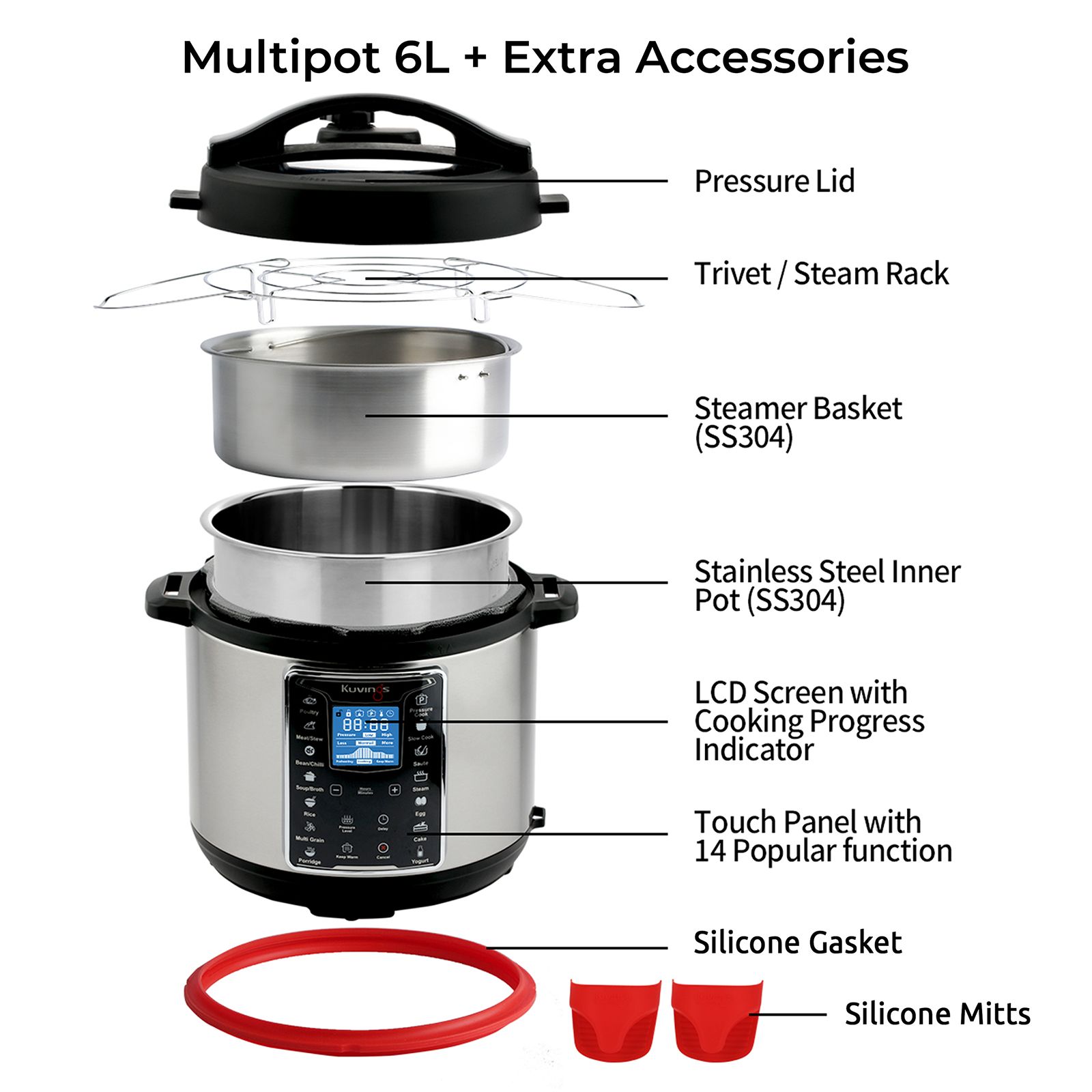 Kuvings 6 Litre Electric Multi Pot Cooker with Touch Panel with LCD Screen (Silver)_13