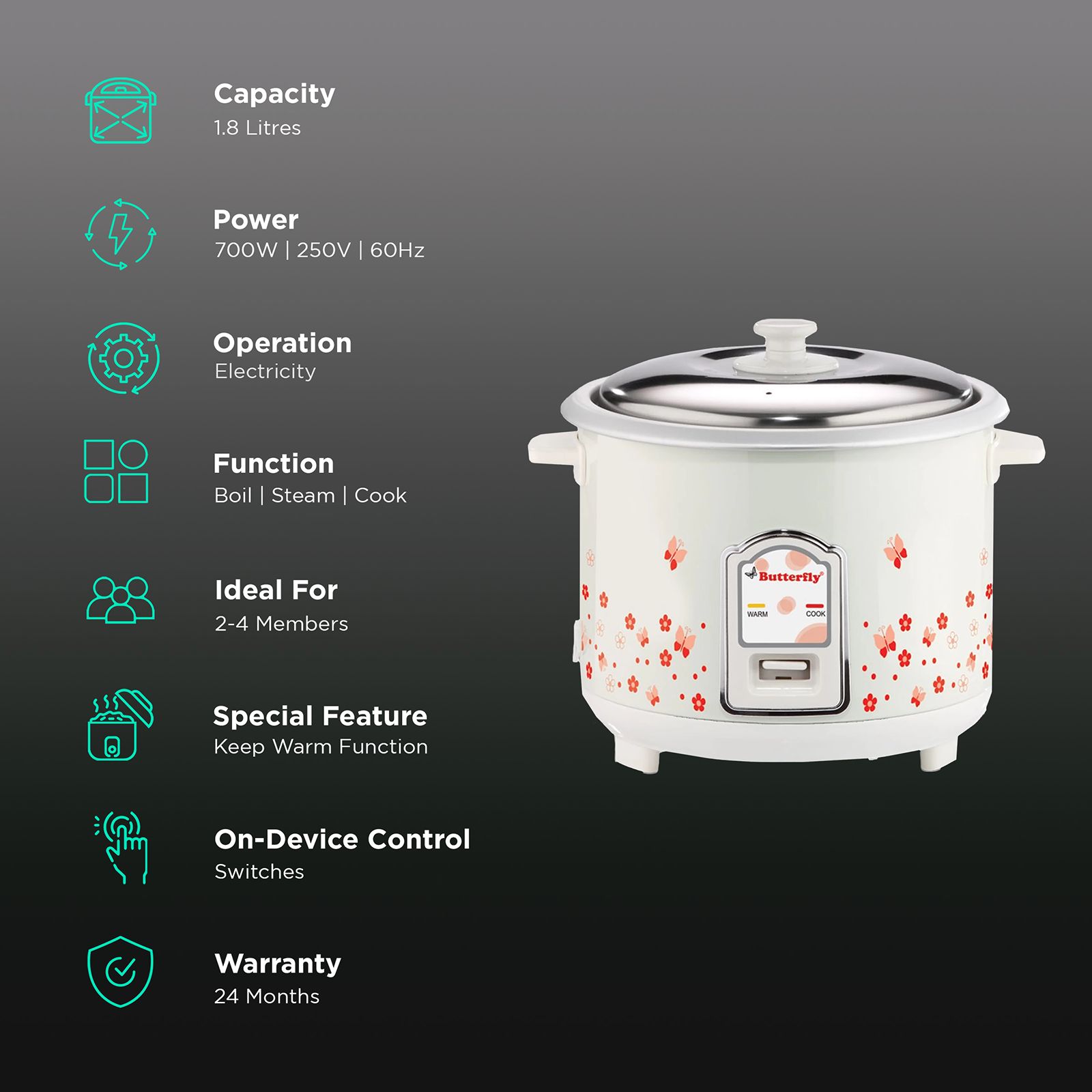 Butterfly Blossom 1.8 Litre Electric Rice Cooker with Cool Touch Body (White) Butterfly Blossom 1.8 Litre Electric Rice Cooker with Cool Touch Body (White)_3