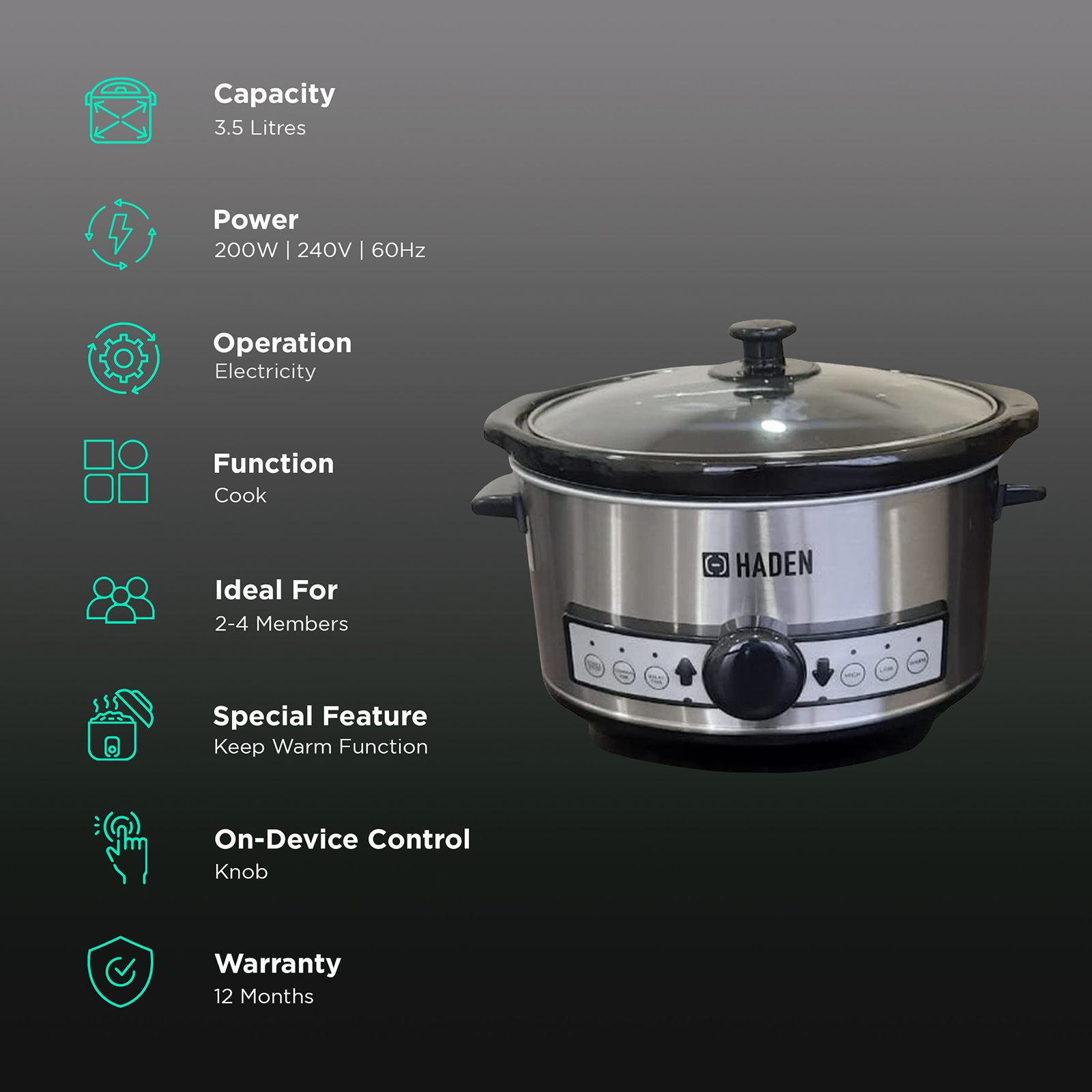 HADEN 3.5 Litre Electric Slow Cooker with Power Light Indicator (Silver) HADEN 3.5 Litre Electric Slow Cooker with Power Light Indicator (Silver)_3