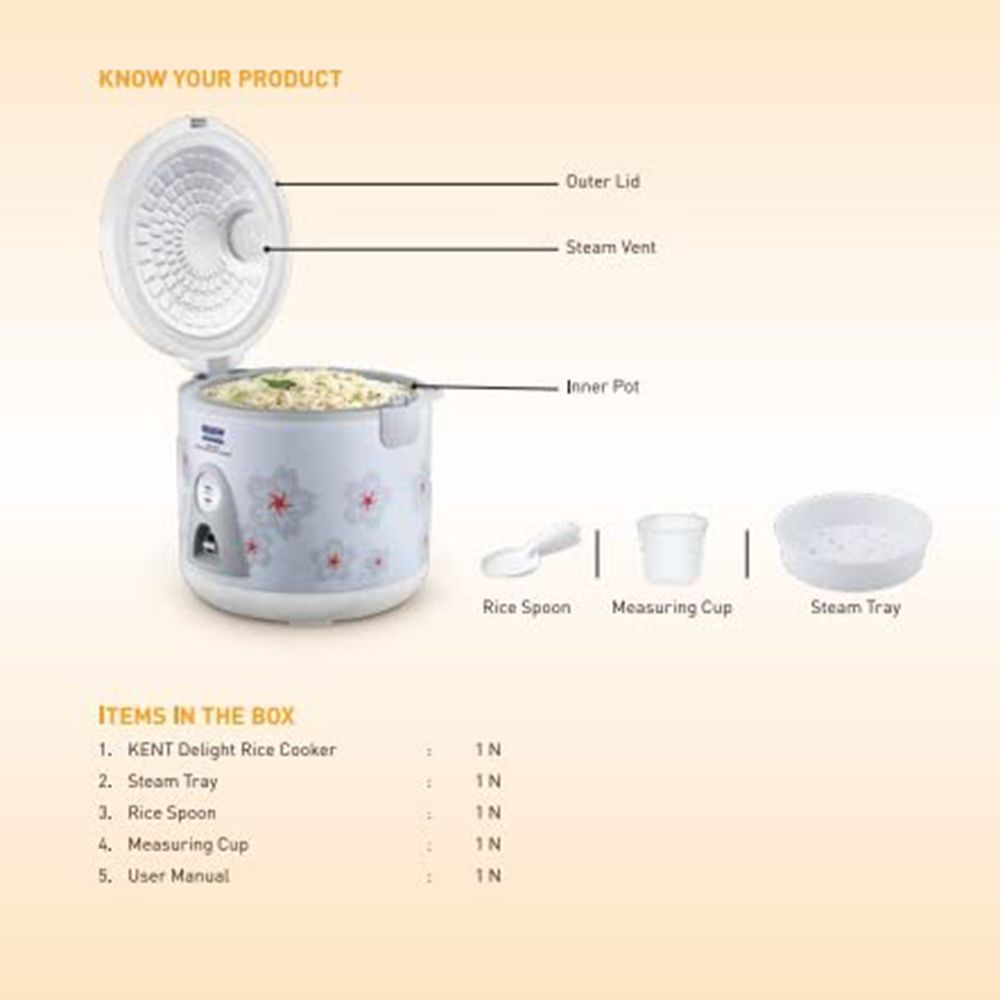 KENT Delight 1.8 Litre Electric Rice Cooker with Keep Warm Function (White)_6