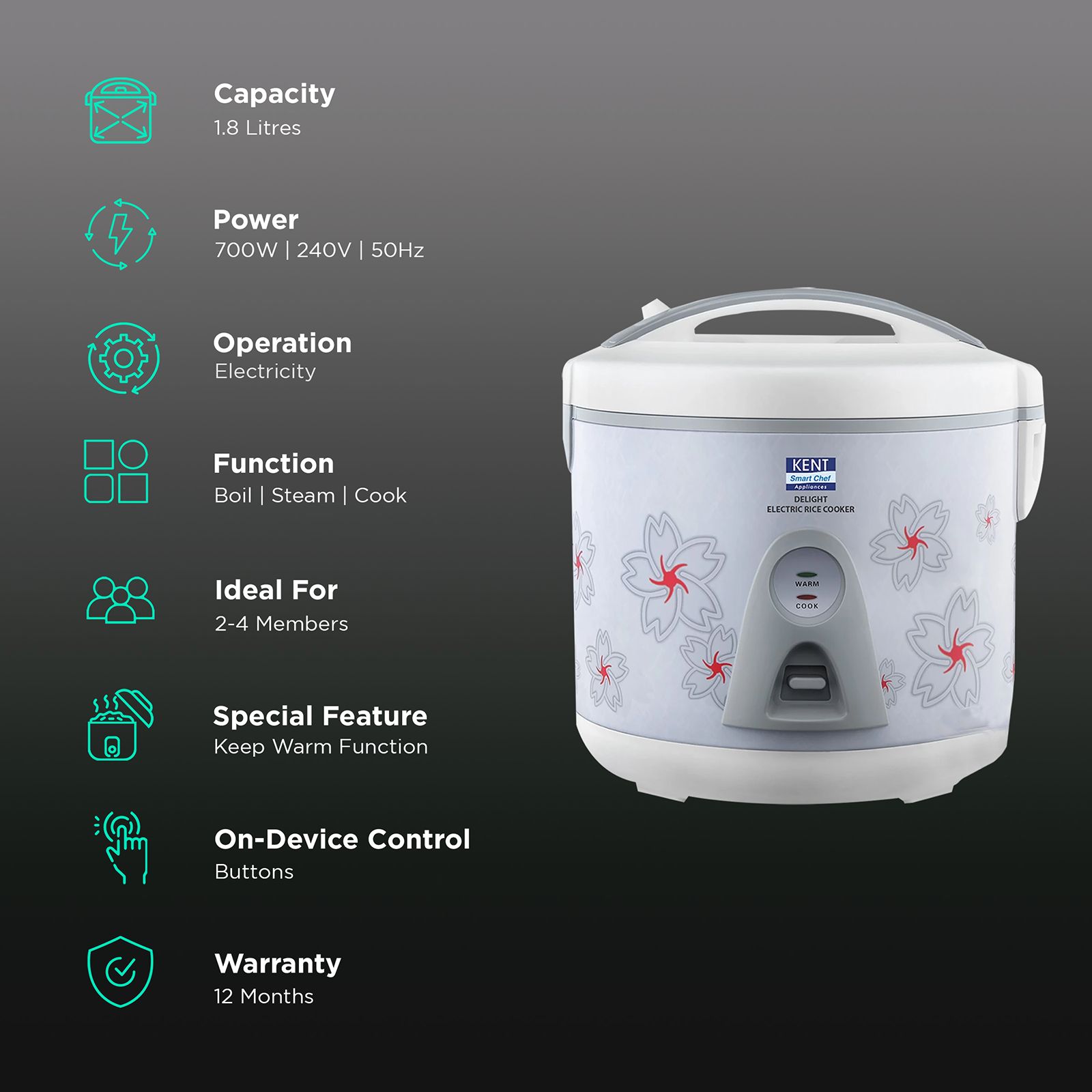KENT Delight 1.8 Litre Electric Rice Cooker with Keep Warm Function (White)_3
