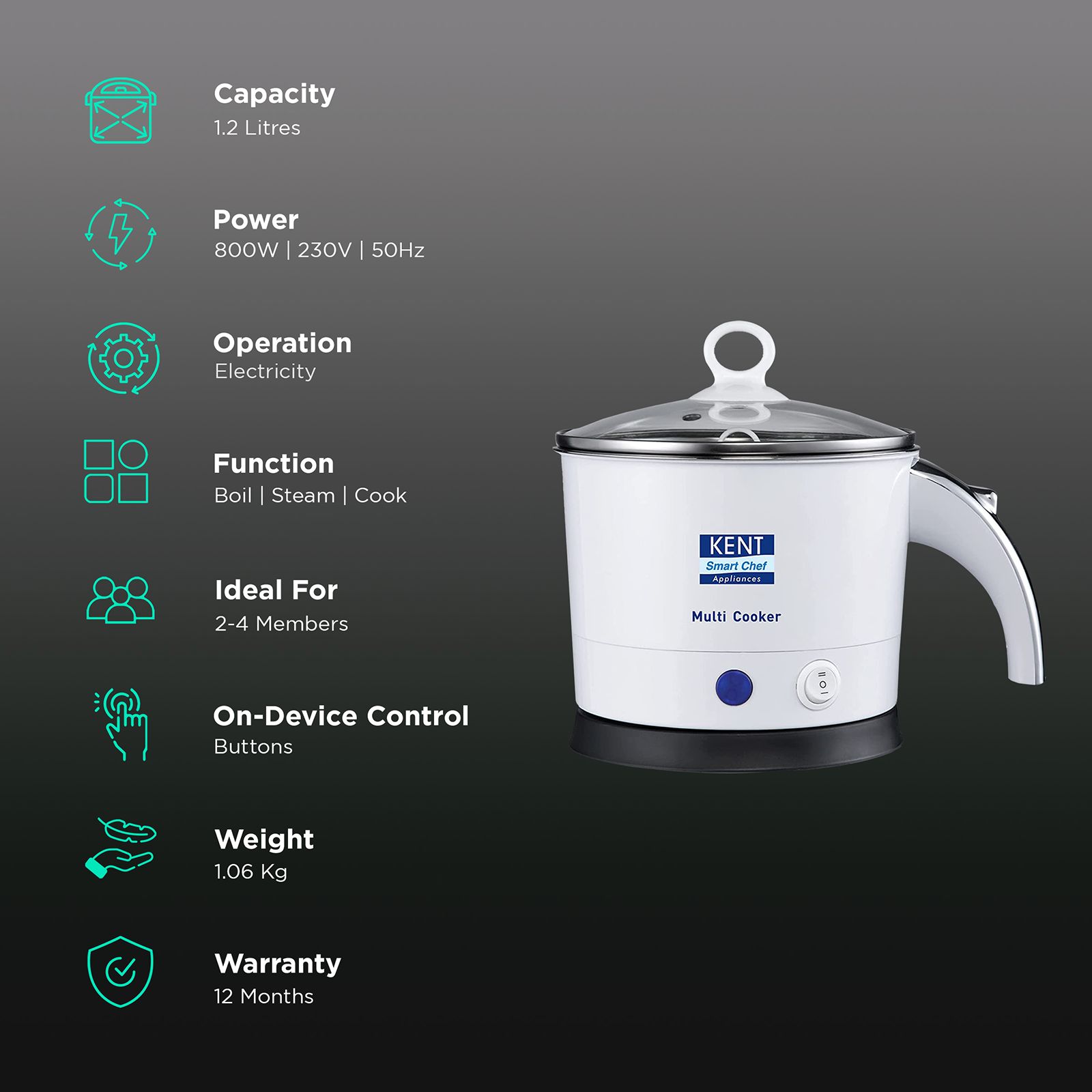 KENT 1.2 Litre Electric Multi Cooker with Auto Shut Off (White)_3