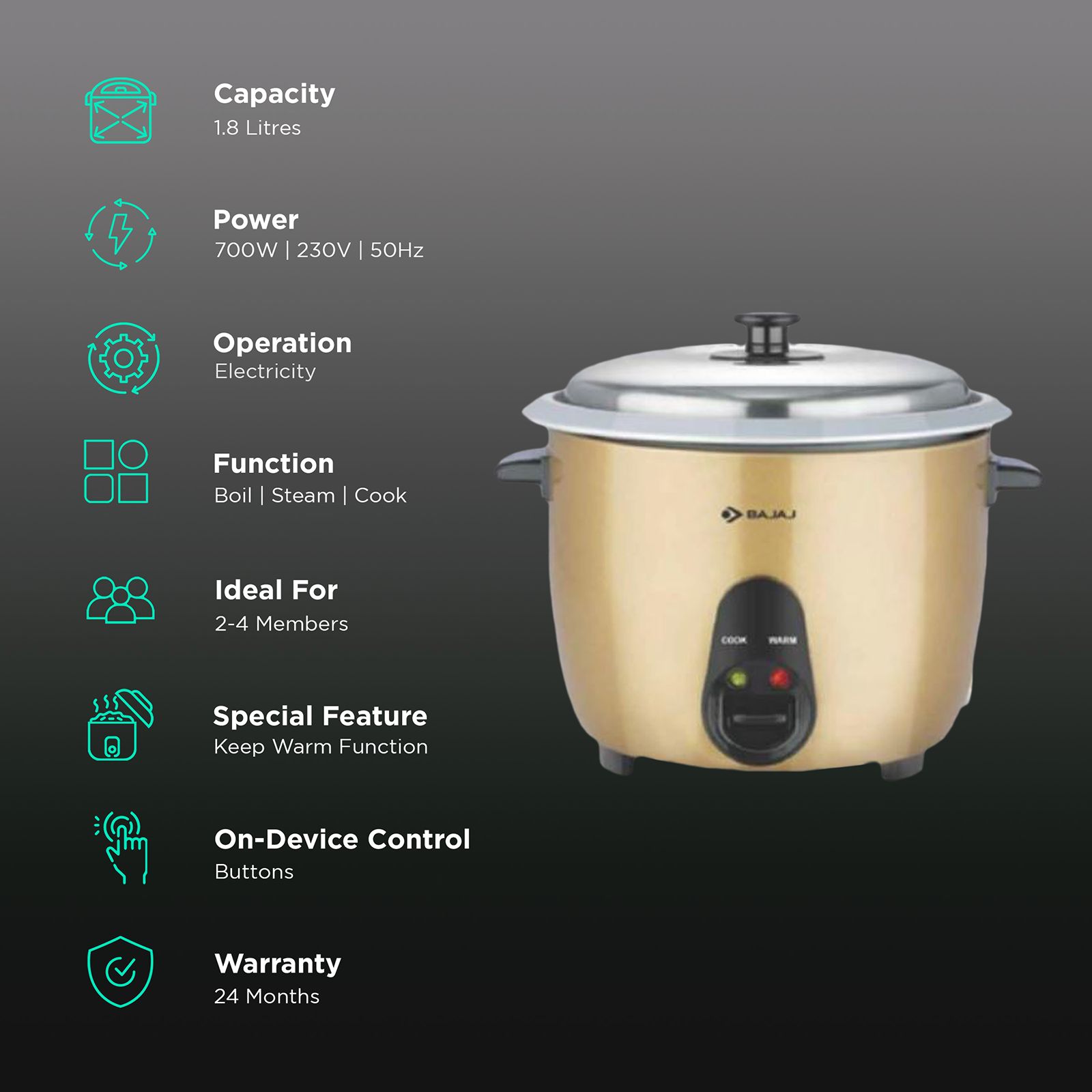BAJAJ DLX Duo 1.8 Litre Electric Rice Cooker with Keep Warm Function (Gold) BAJAJ DLX Duo 1.8 Litre Electric Rice Cooker with Keep Warm Function (Gold)_3