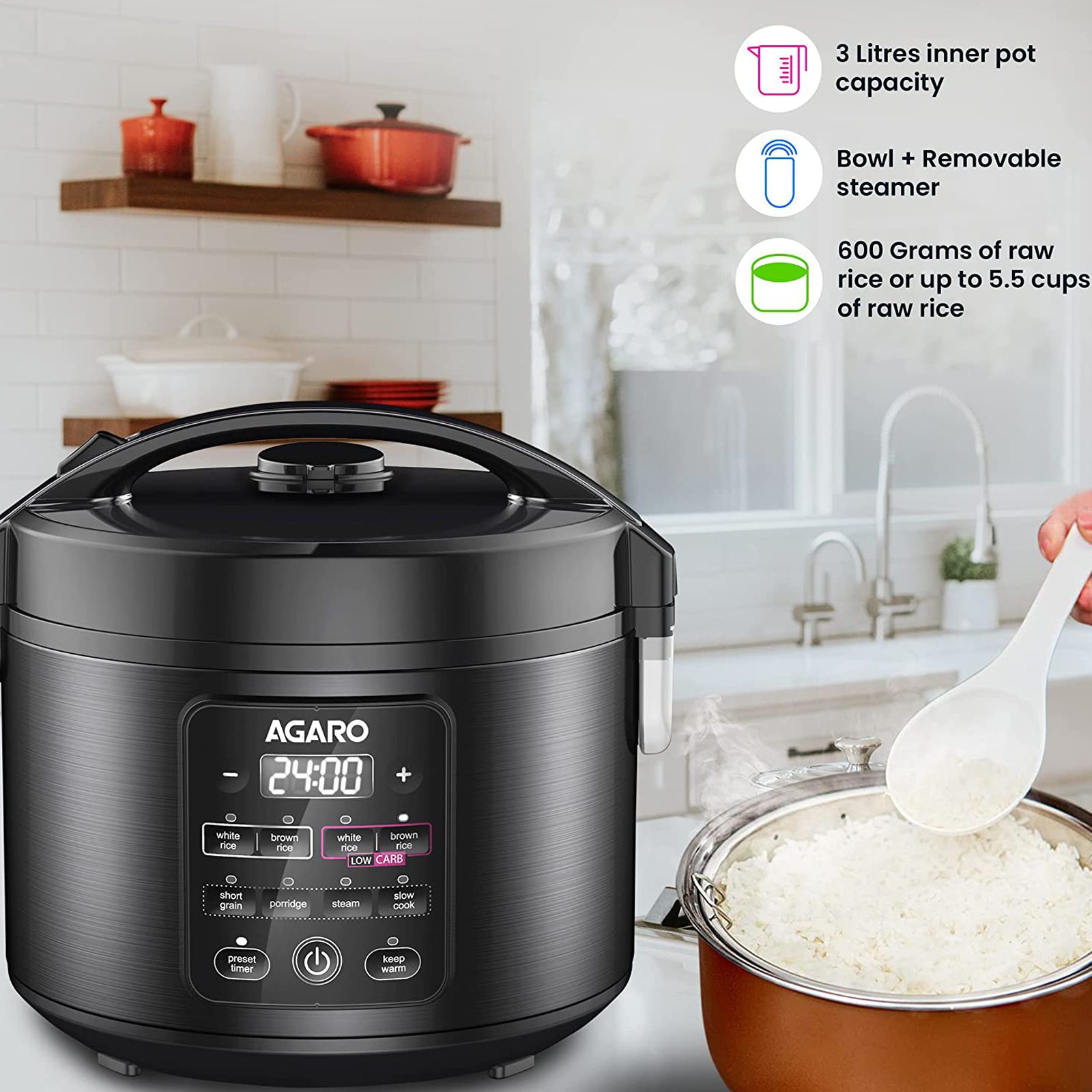 AGARO Regal 3 Litre Electric Rice Cooker with Overheat Protection (Black) AGARO Regal 3 Litre Electric Rice Cooker with Overheat Protection (Black)_7