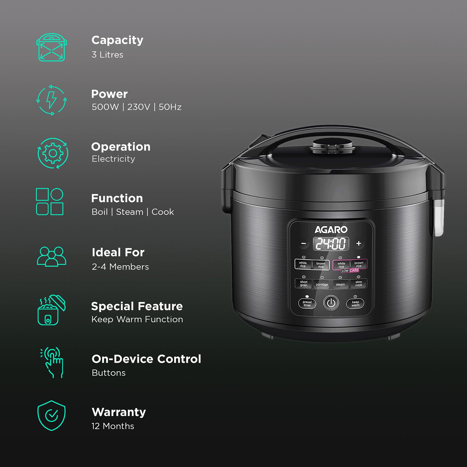 AGARO Regal 3 Litre Electric Rice Cooker with Overheat Protection (Black) AGARO Regal 3 Litre Electric Rice Cooker with Overheat Protection (Black)_3