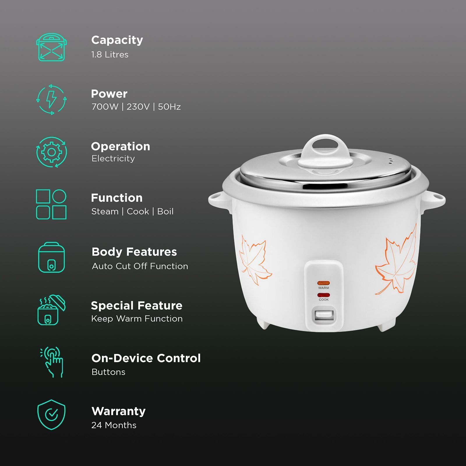 USHA RC18SS2 1.8 Litre Electric Rice Cooker with Keep Warm Function (White) USHA RC18SS2 1.8 Litre Electric Rice Cooker with Keep Warm Function (White)_3