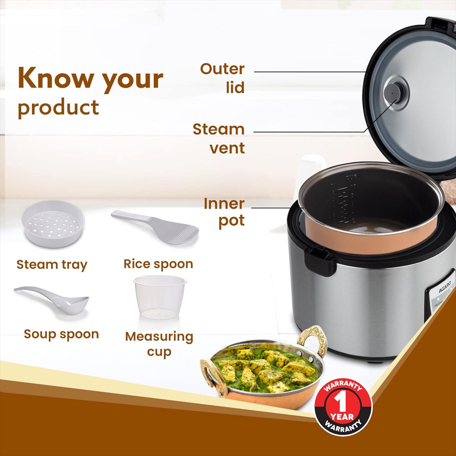 AGARO Regency 5 Litre Electric Rice Cooker with Keep Warm Function (Silver)_6