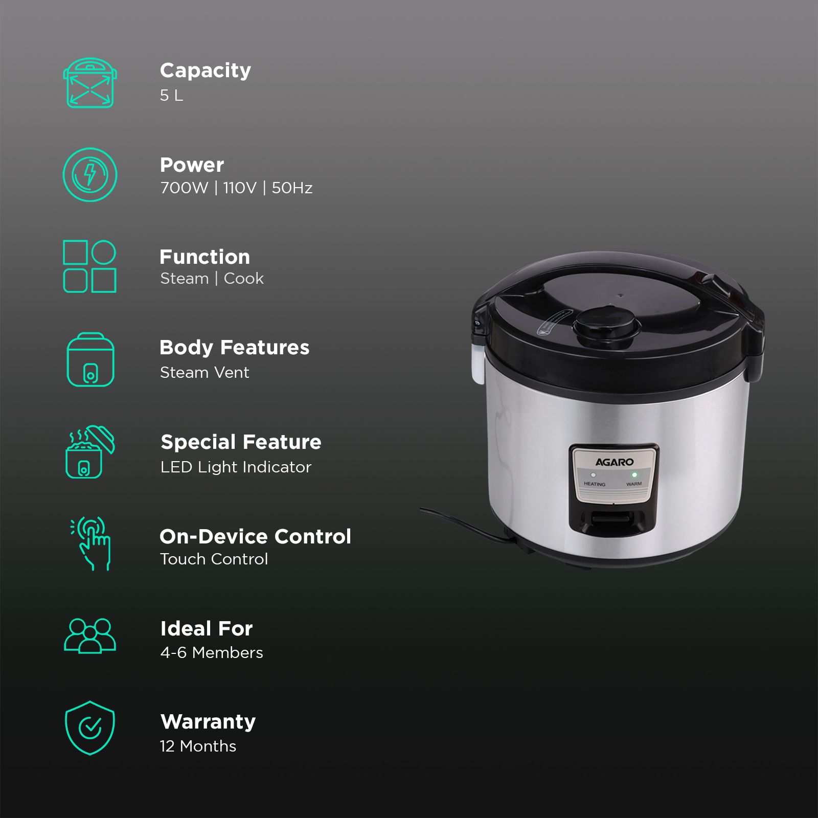 AGARO Regency 5 Litre Electric Rice Cooker with Keep Warm Function (Silver)_3