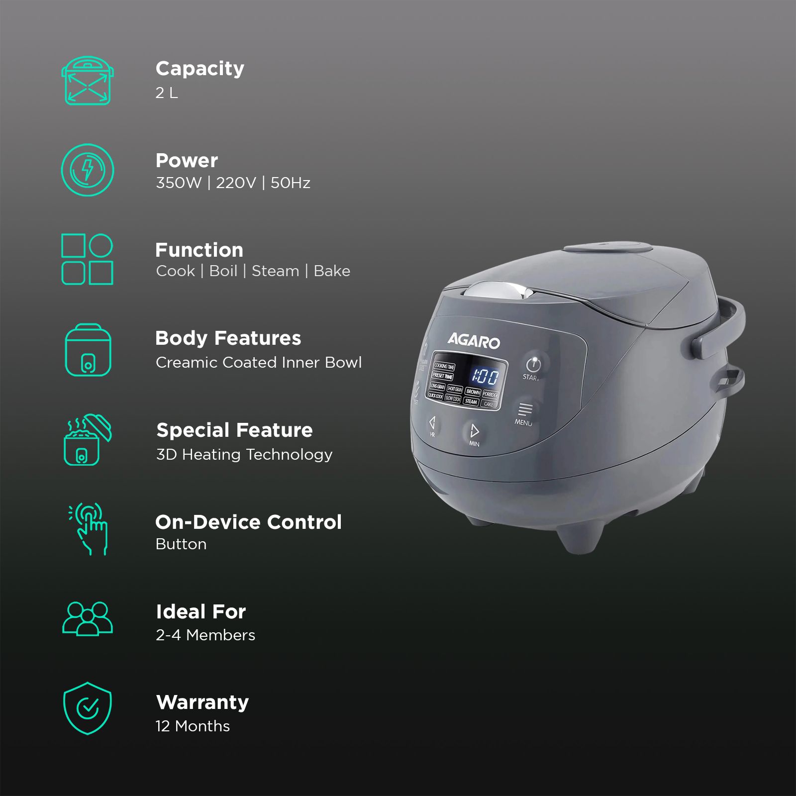 AGARO Imperial 2 Litre Electric Rice Cooker with Keep Warm Function (Grey) AGARO Imperial 2 Litre Electric Rice Cooker with Keep Warm Function (Grey)_3