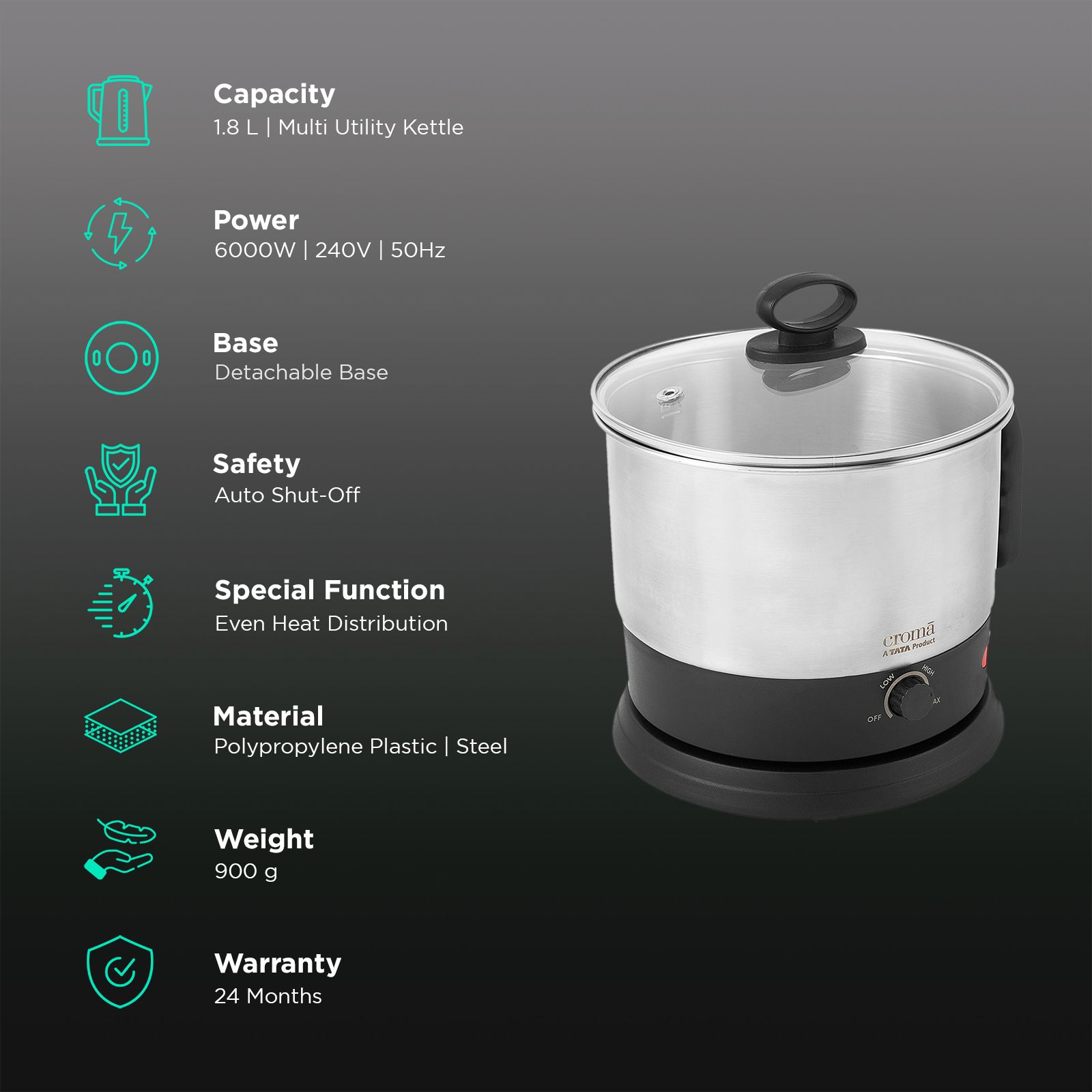 Croma 600 Watt 1.3 Litre Multi Cook Kettle with Auto Shut-off (Black and Silver) Croma 600 Watt 1.3 Litre Multi Cook Kettle with Auto Shut-off (Black and Silver)_2