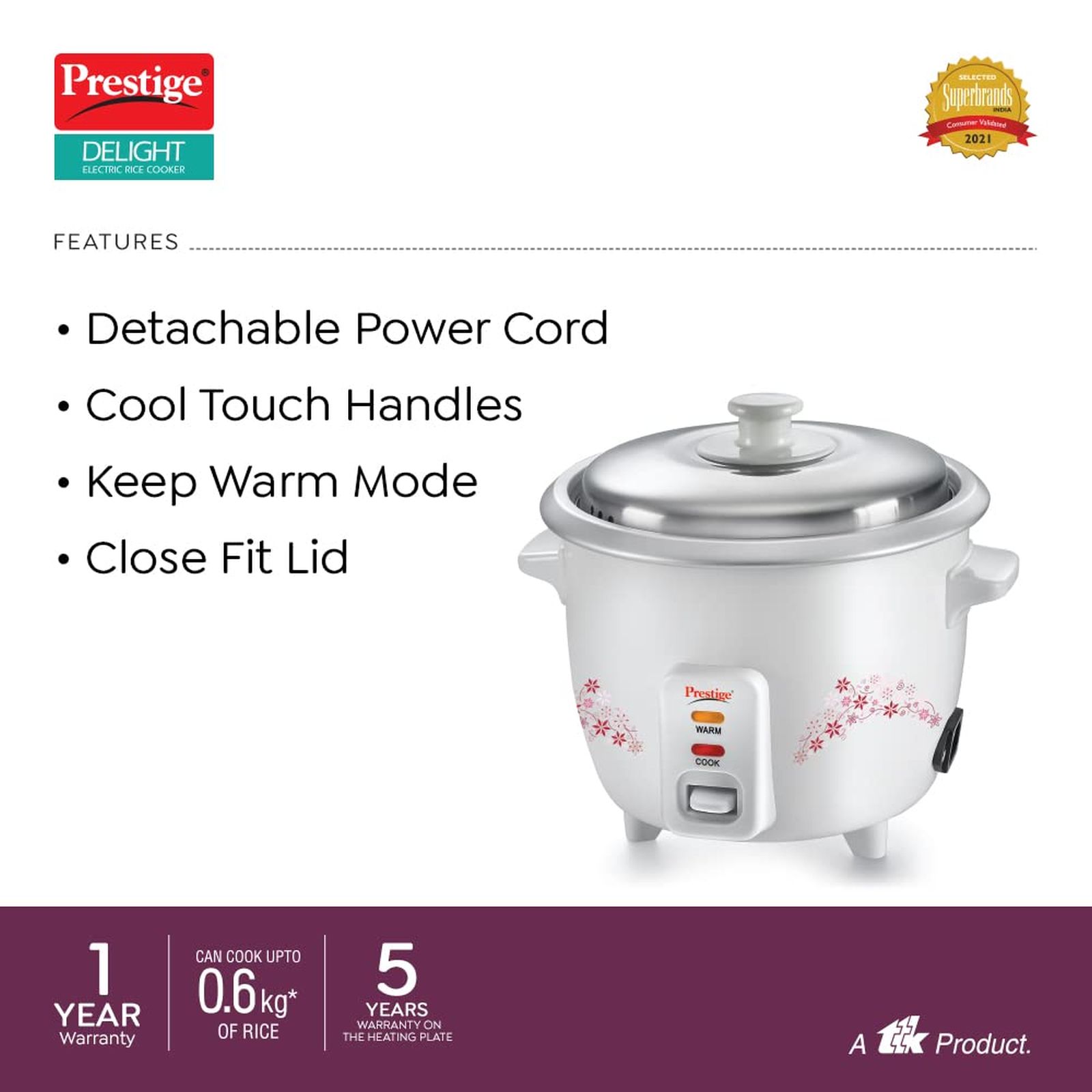 Prestige Delight PRWO 1.5 Litre Electric Rice Cooker with Auto Keep Warm Function (White)_5