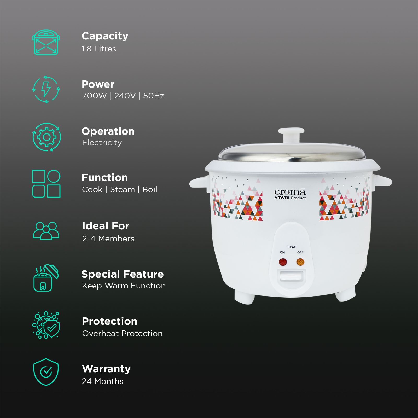 Croma 1.8 Litre Electric Rice Cooker with Keep Warm Function (White)_3