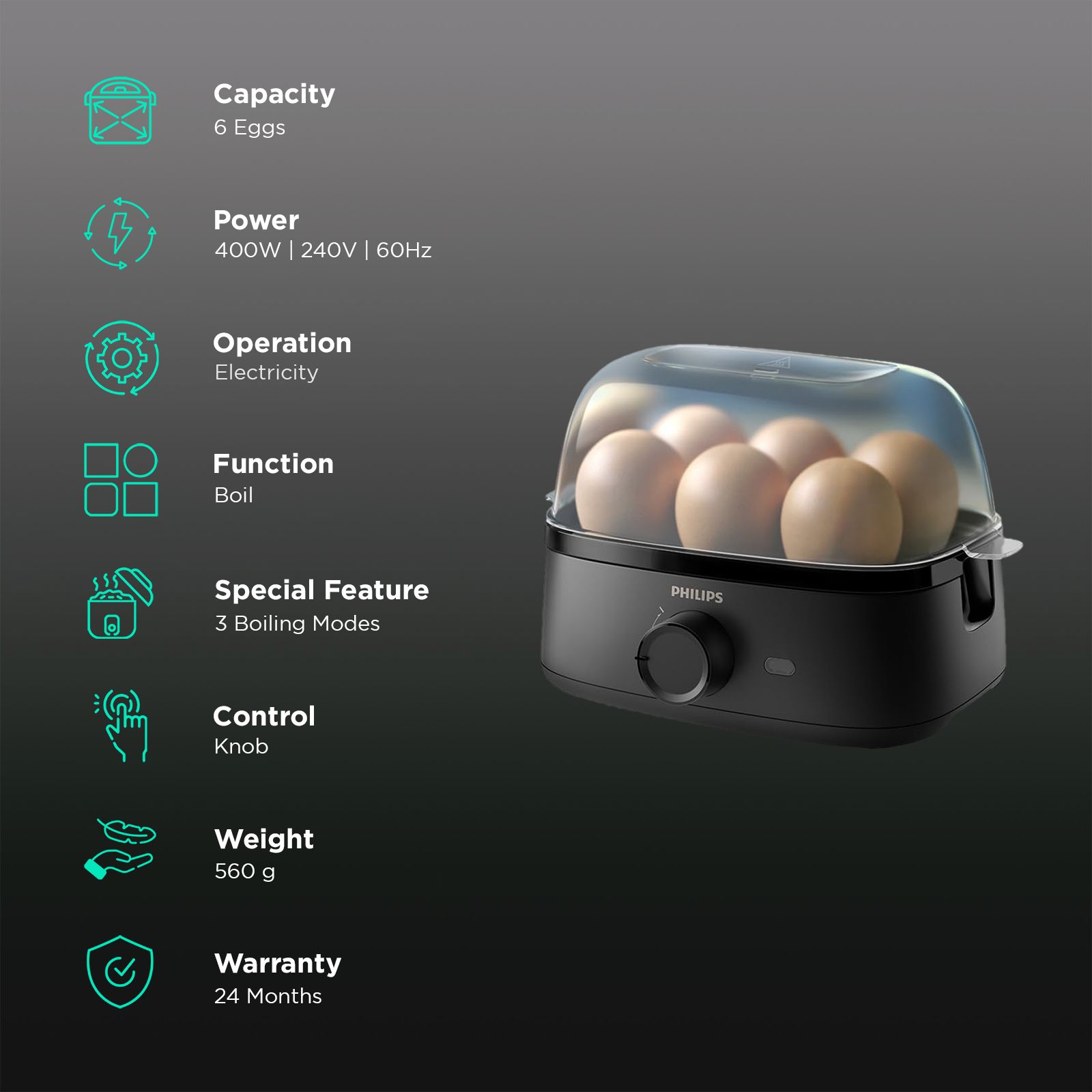 PHILIPS 3000 Series 6 Egg Electric Egg Boiler with Three Cooking Levels (Deep Black) PHILIPS 3000 Series 6 Egg Electric Egg Boiler with Three Cooking Levels (Deep Black)_3