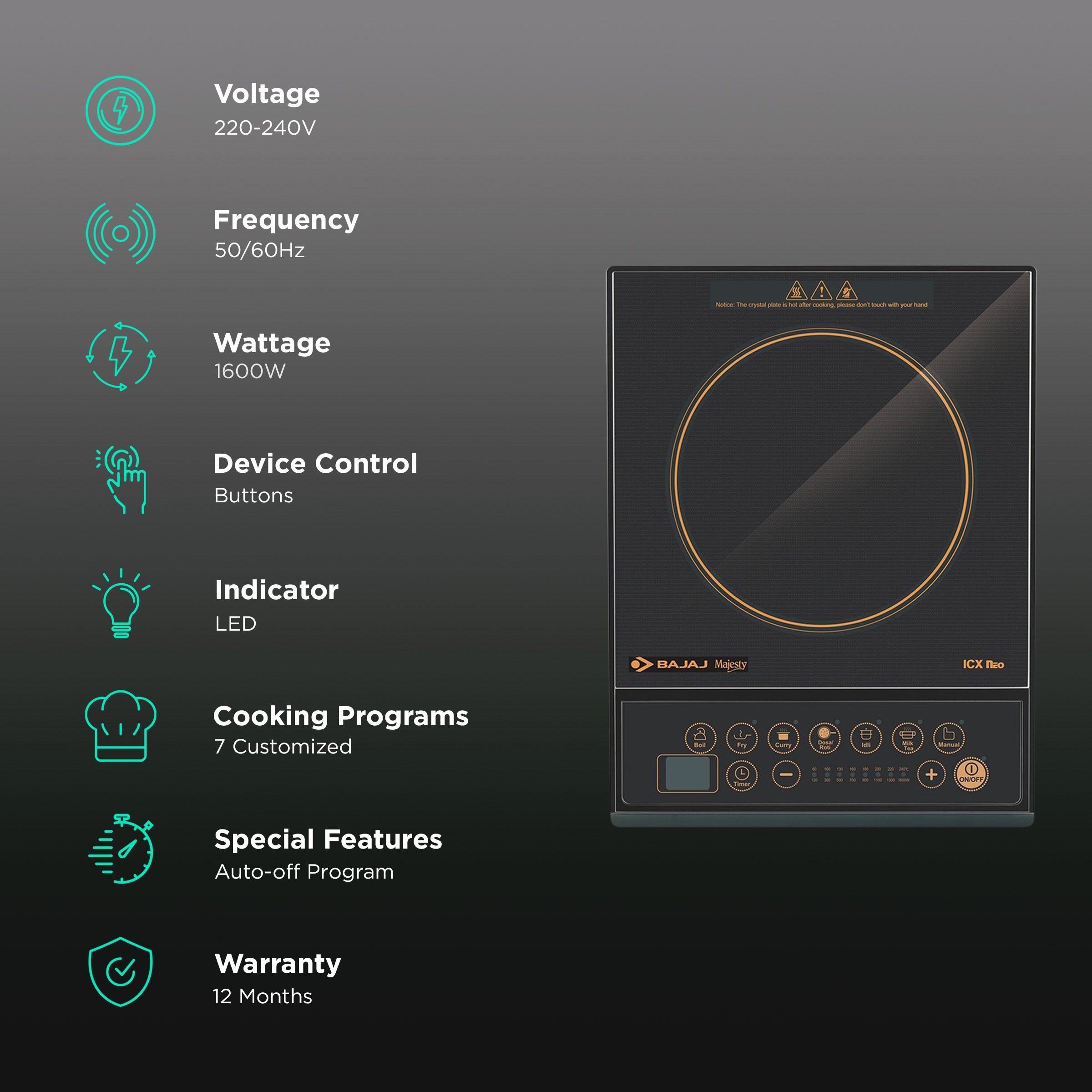 Bajaj Majesty ICX Neo 1600W Induction Cooktop with 7 Preset Menus Bajaj Majesty ICX Neo 1600W Induction Cooktop with 7 Preset Menus_3
