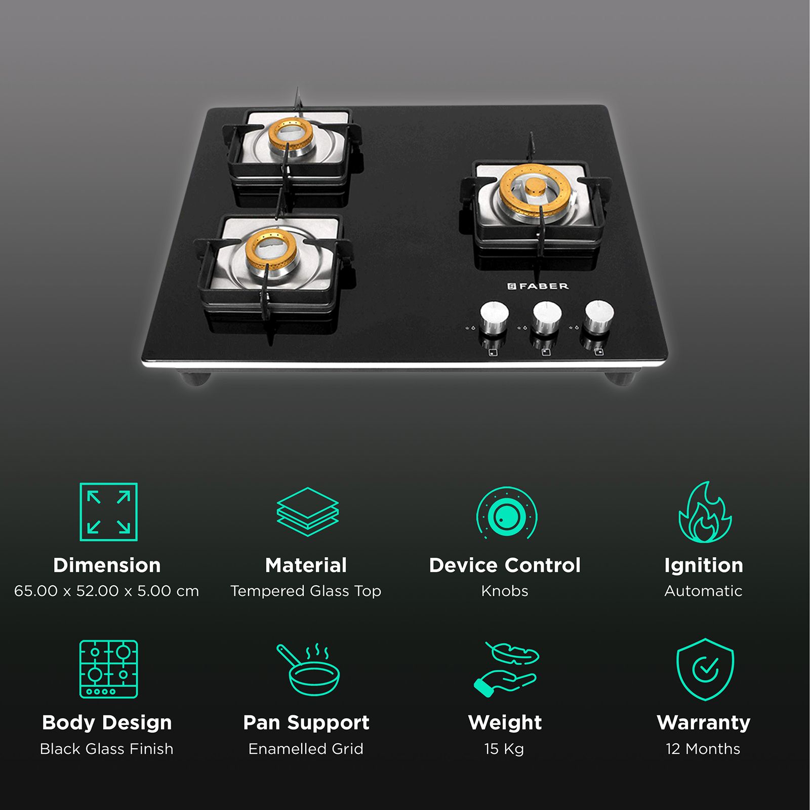 Faber HTG 653 CRS BR CI Tempered Glass Top 3 Burner Automatic Hob (High Quality Knob, Black) Faber HTG 653 CRS BR CI Tempered Glass Top 3 Burner Automatic Hob (High Quality Knob, Black)_3