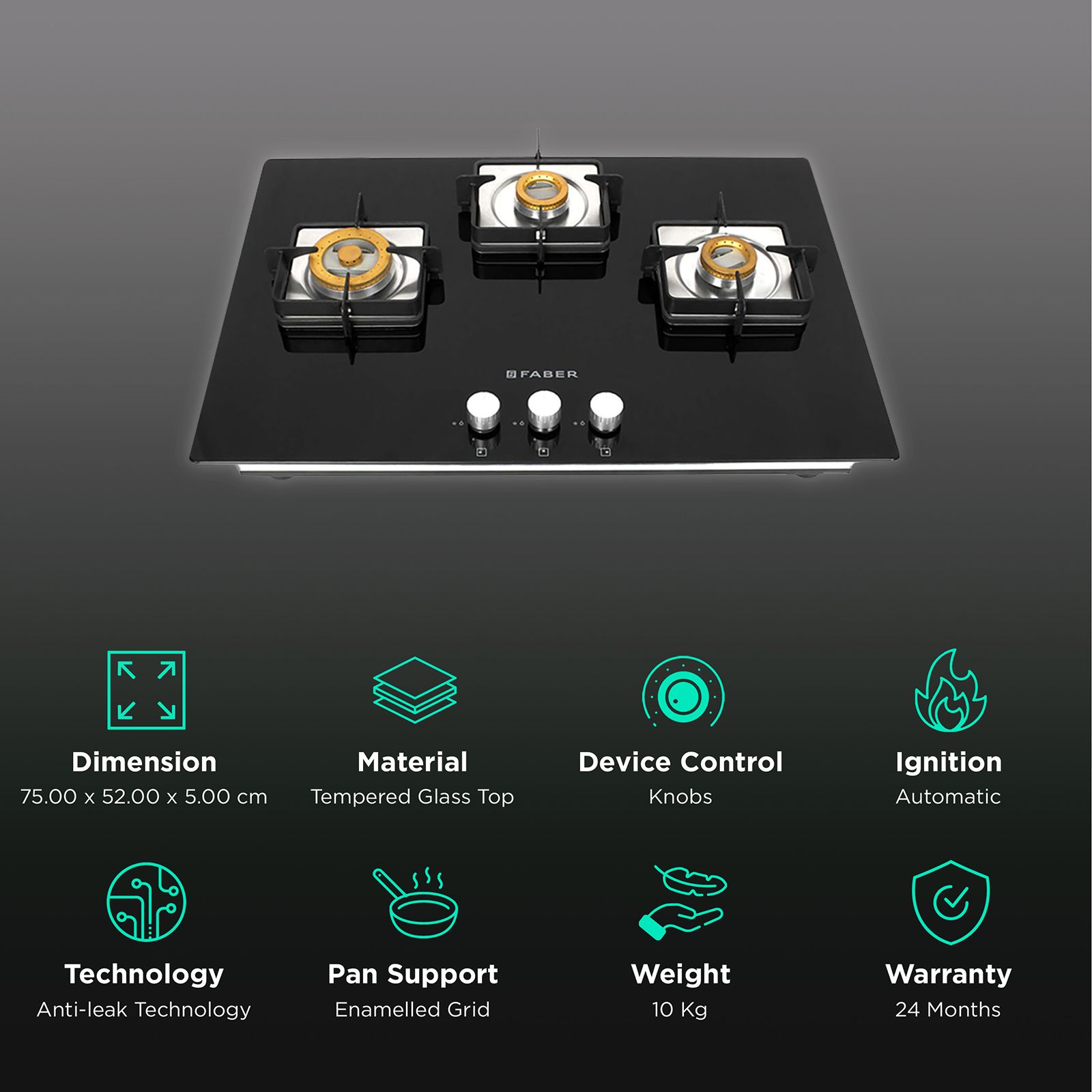 Faber HTG 753 CRS BR CI Tempered Glass Top 3 Burner Automatic Hob (High Quality Knob, Black) Faber HTG 753 CRS BR CI Tempered Glass Top 3 Burner Automatic Hob (High Quality Knob, Black)_3
