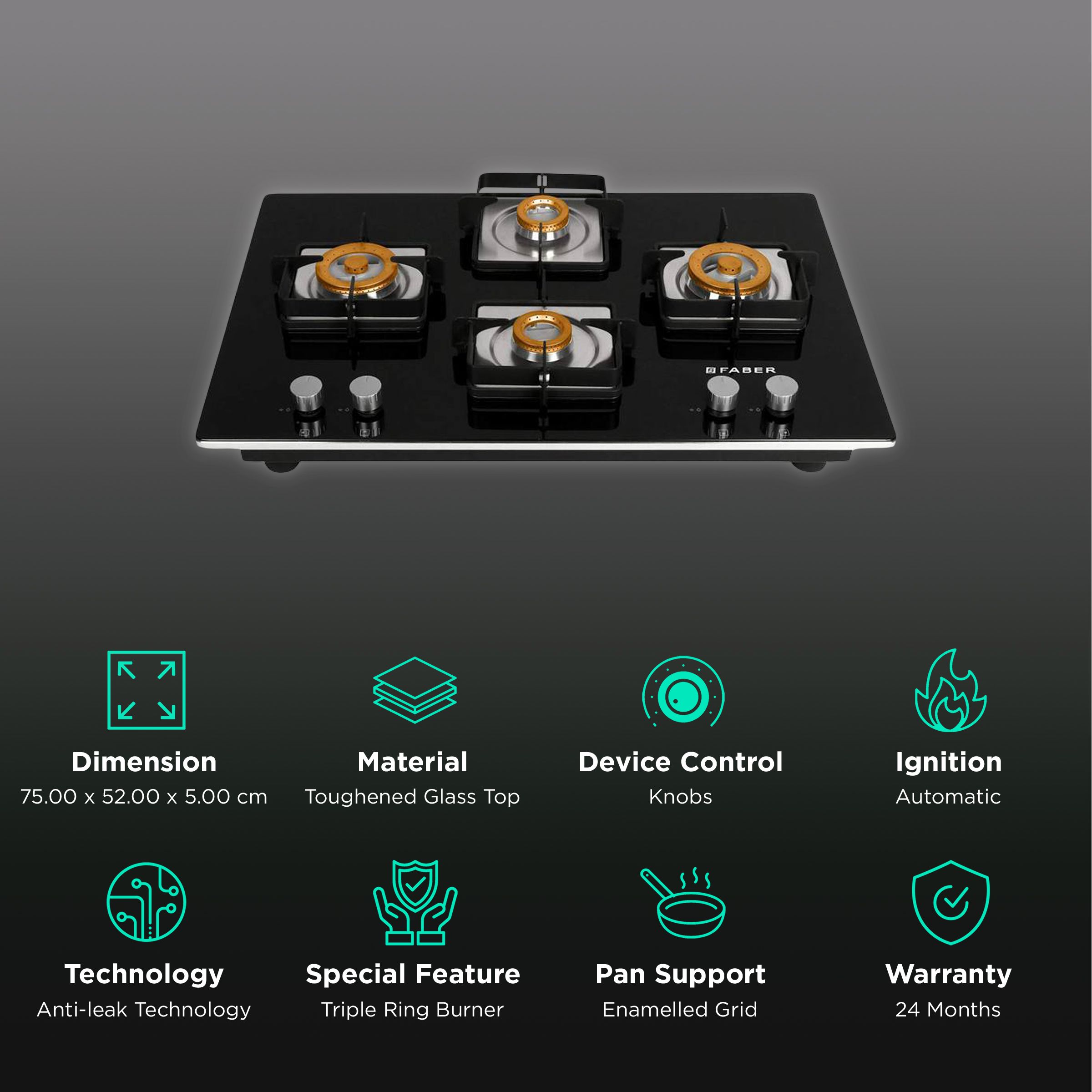 Faber HTG 754 CRS BR CI Toughened Glass Top 4 Burner Automatic Hob (High Quality Knob, Black)_3