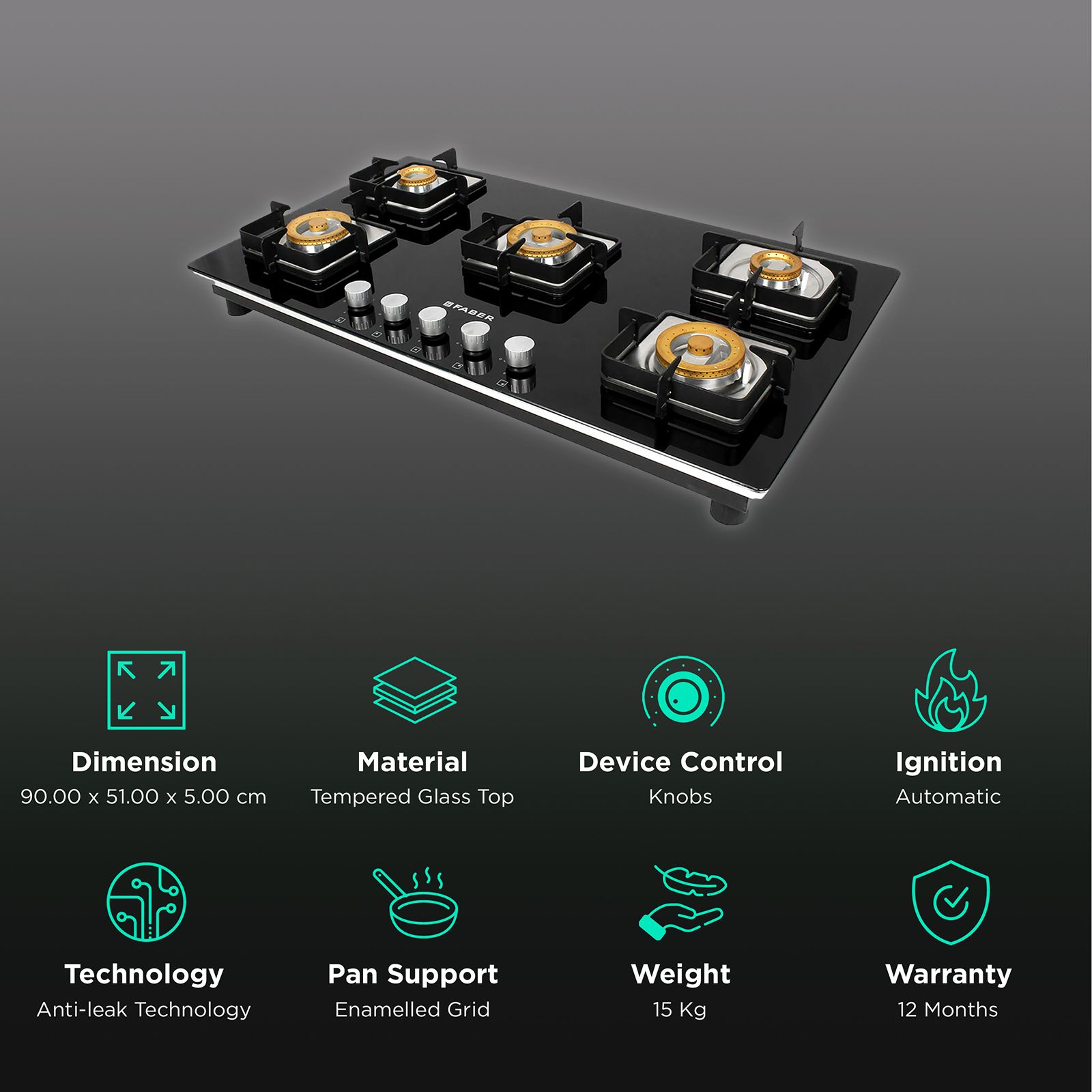 Faber HTG 905 CRS BR CI Tempered Glass Top 5 Burner Automatic Hob (High Quality Knob, Black) Faber HTG 905 CRS BR CI Tempered Glass Top 5 Burner Automatic Hob (High Quality Knob, Black)_3