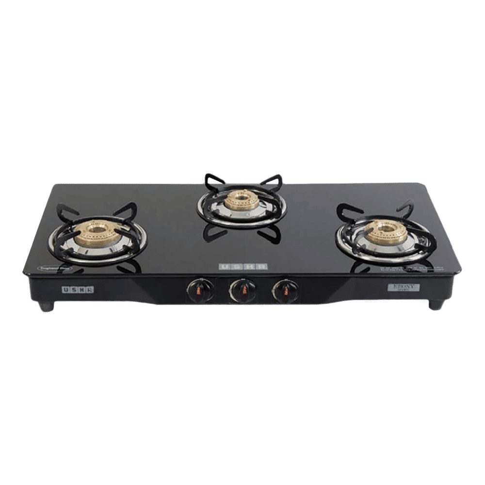 USHA Ebony GS3001 Toughened Glass Top 3 Burner Manual Gas Stove (Powder Coated Frame, Black) USHA Ebony GS3001 Toughened Glass Top 3 Burner Manual Gas Stove (Powder Coated Frame, Black)_1