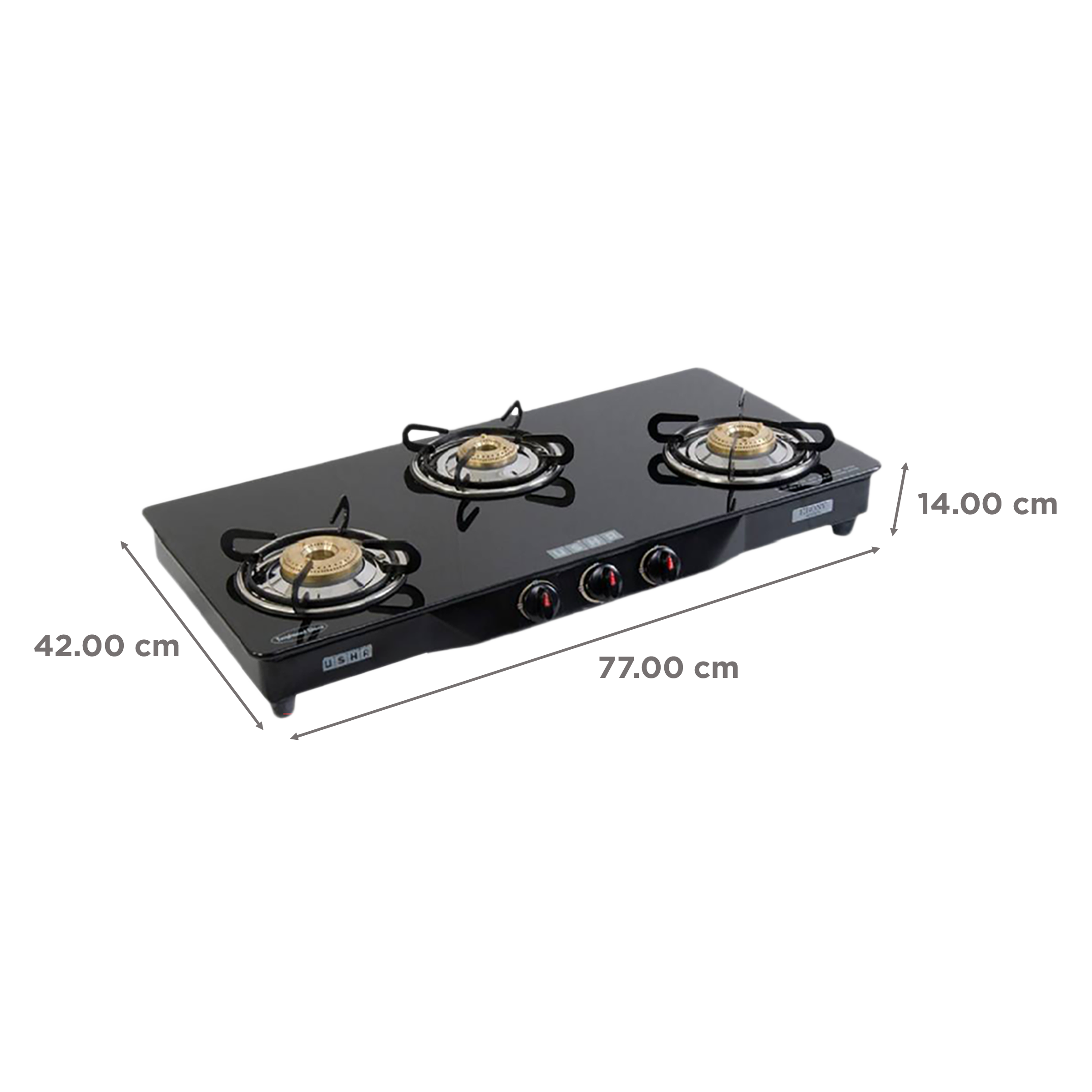 USHA Ebony GS3001 Toughened Glass Top 3 Burner Manual Gas Stove (Powder Coated Frame, Black) USHA Ebony GS3001 Toughened Glass Top 3 Burner Manual Gas Stove (Powder Coated Frame, Black)_2