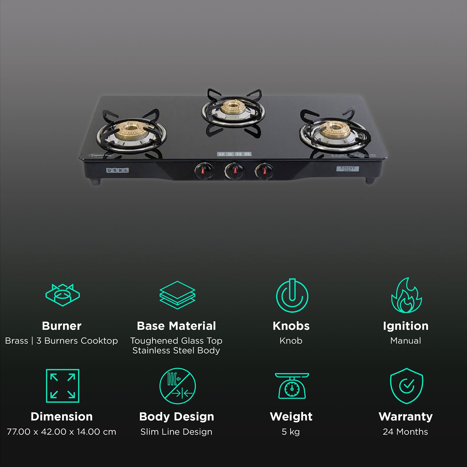 USHA Ebony GS3001 Toughened Glass Top 3 Burner Manual Gas Stove (Powder Coated Frame, Black) USHA Ebony GS3001 Toughened Glass Top 3 Burner Manual Gas Stove (Powder Coated Frame, Black)_3